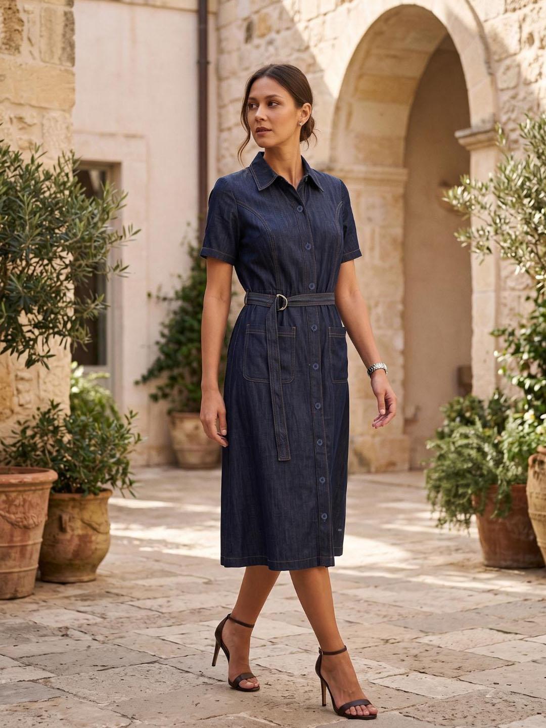 Elle Women Navy Blue Solid Relaxed Fit Shirt Dress