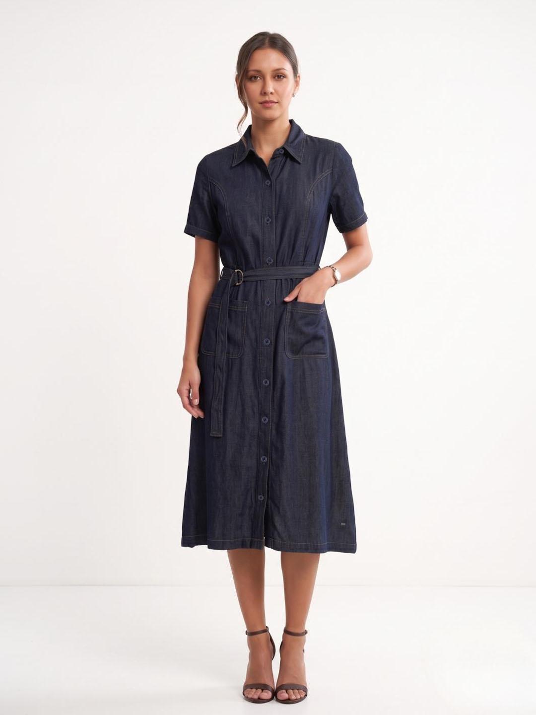 Elle Women Navy Blue Solid Relaxed Fit Shirt Dress
