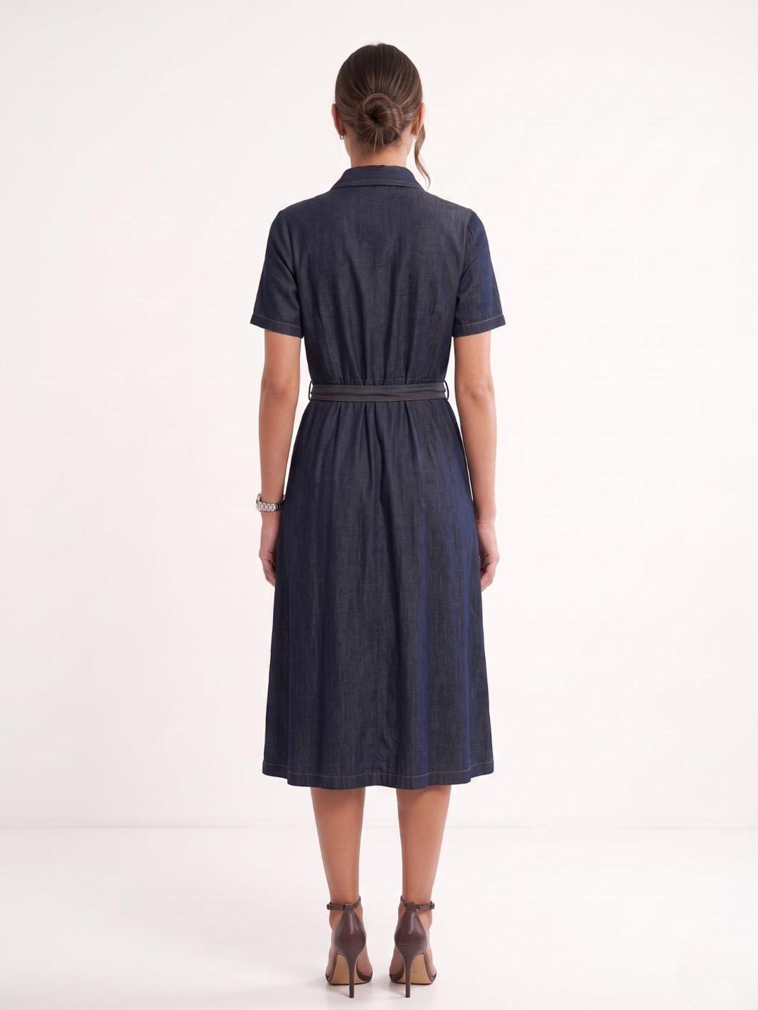 Elle Women Navy Blue Solid Relaxed Fit Shirt Dress