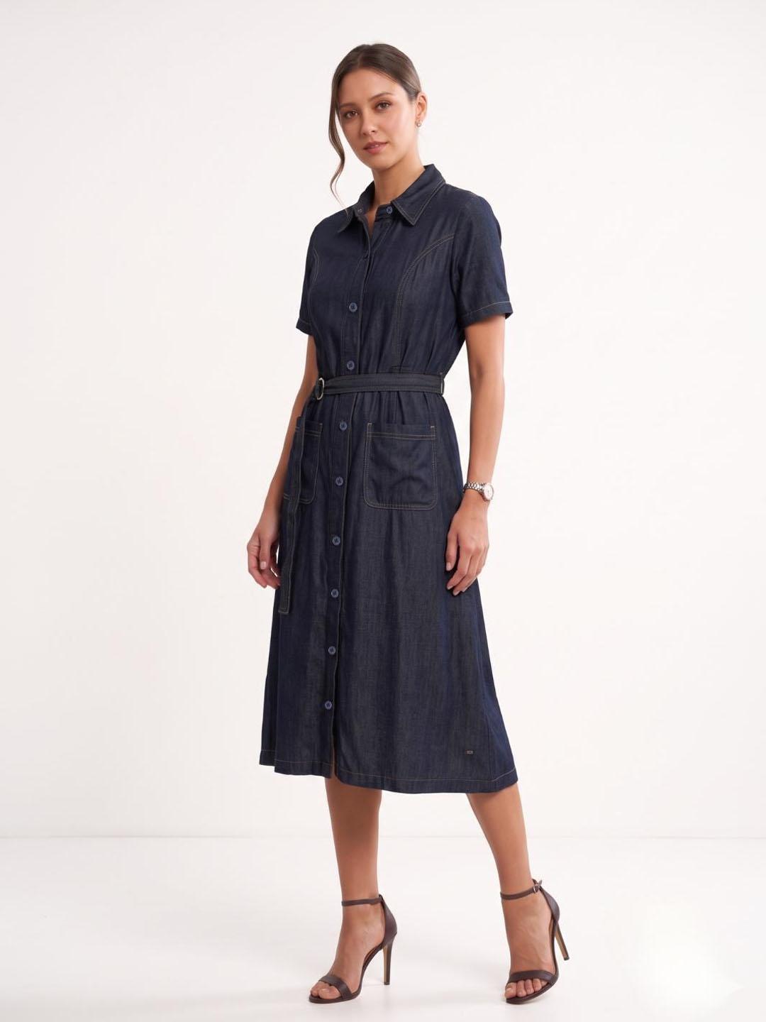 Elle Women Navy Blue Solid Relaxed Fit Shirt Dress