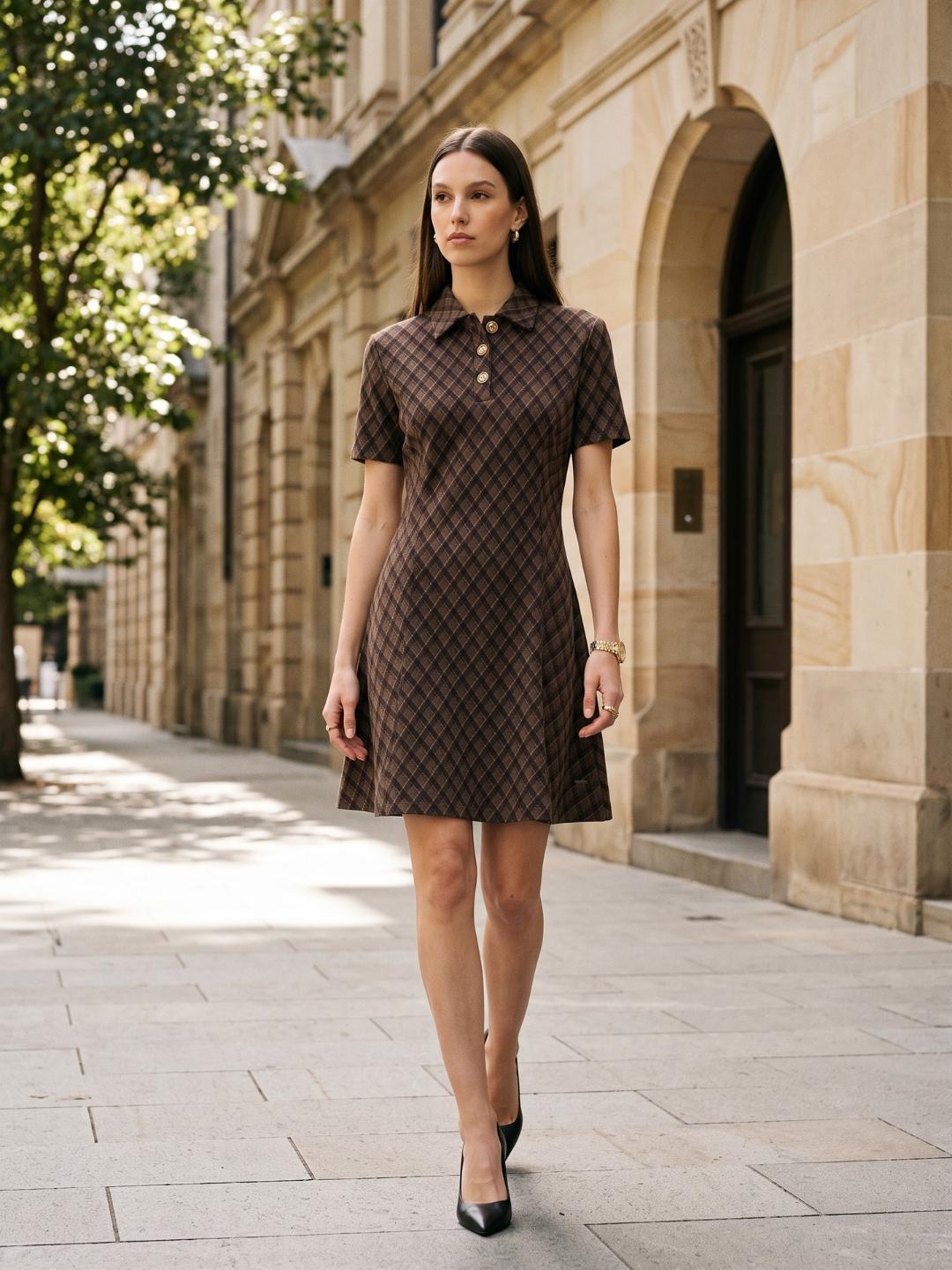 Elle Women Brown Checked Regular Fit Dress