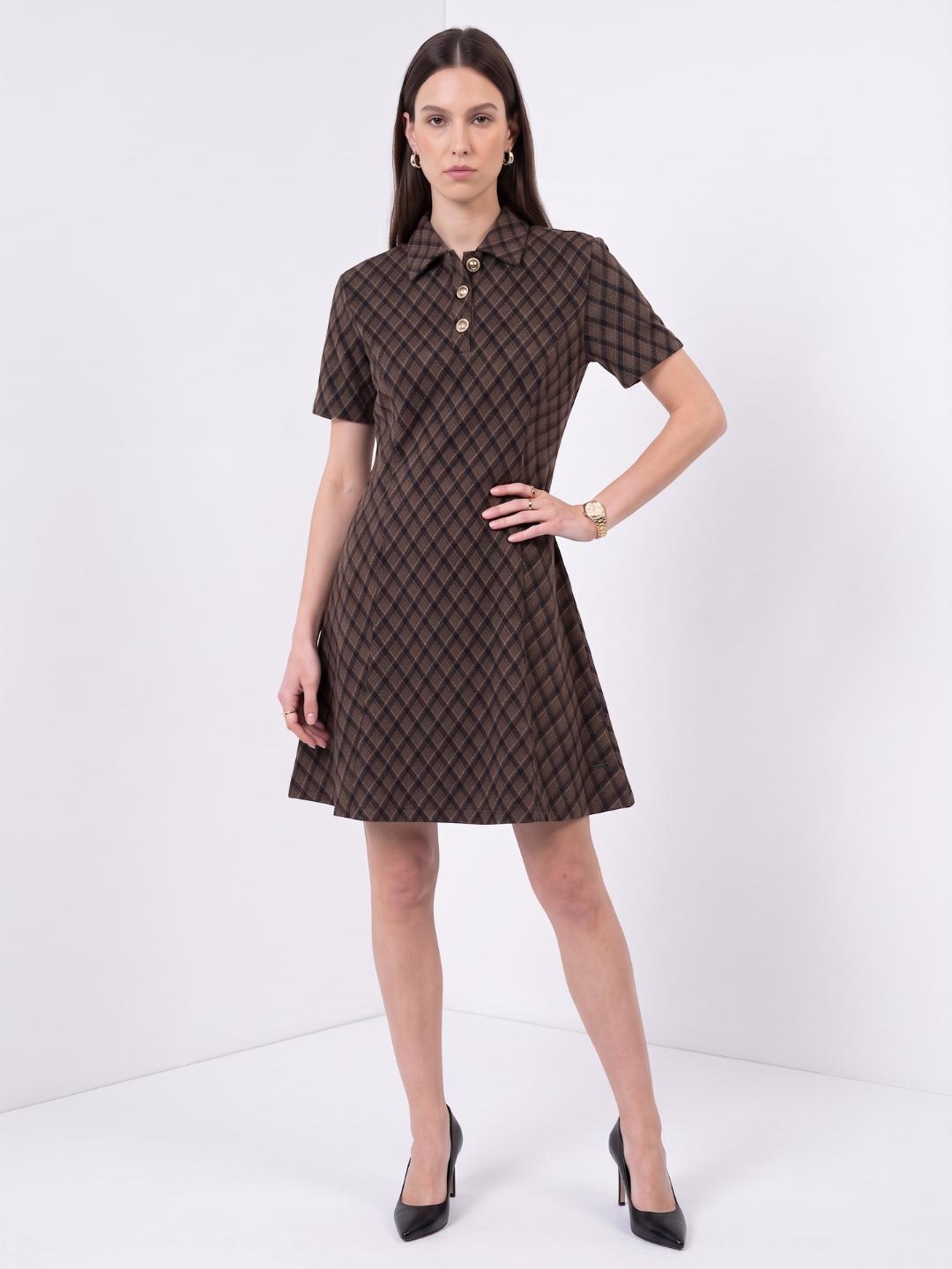 Elle Women Brown Checked Regular Fit Dress