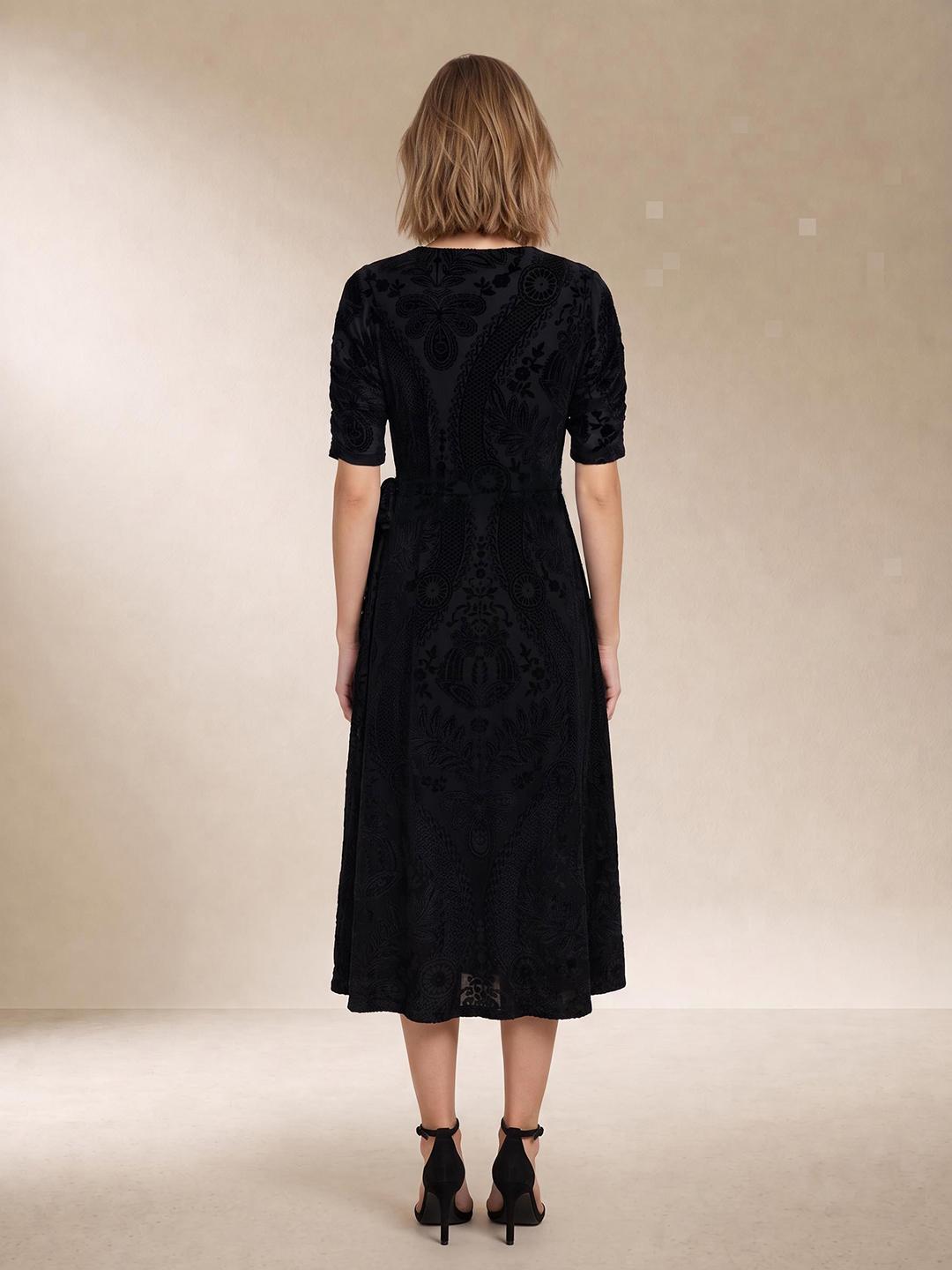 Elle Women Black Regular Fit Textured Velvet Dress
