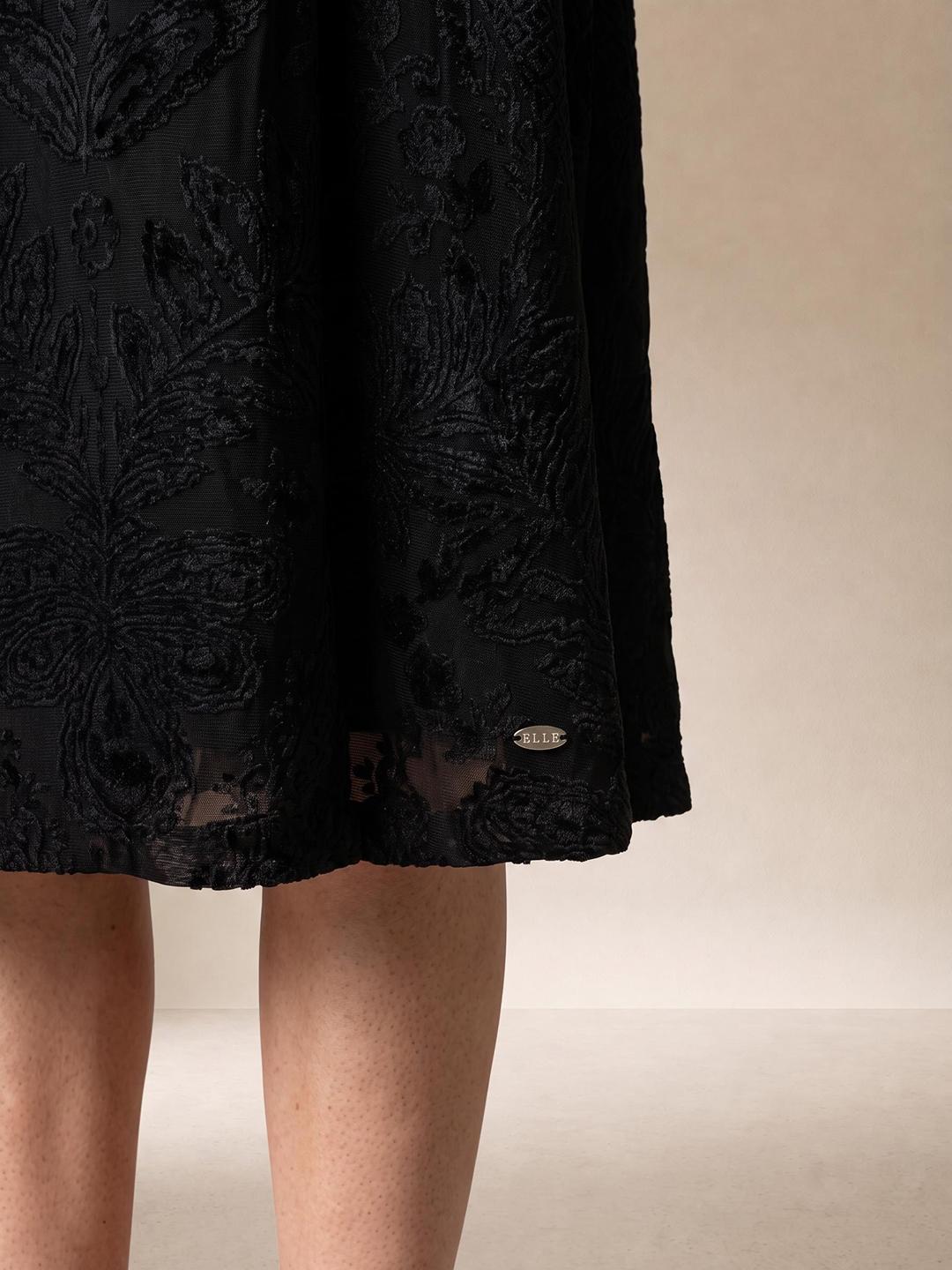 Elle Women Black Regular Fit Textured Velvet Dress