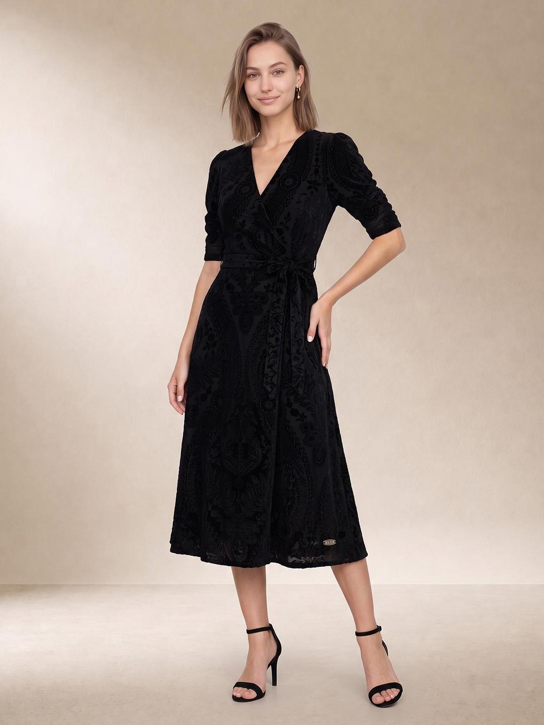 Elle Women Black Regular Fit Textured Velvet Dress