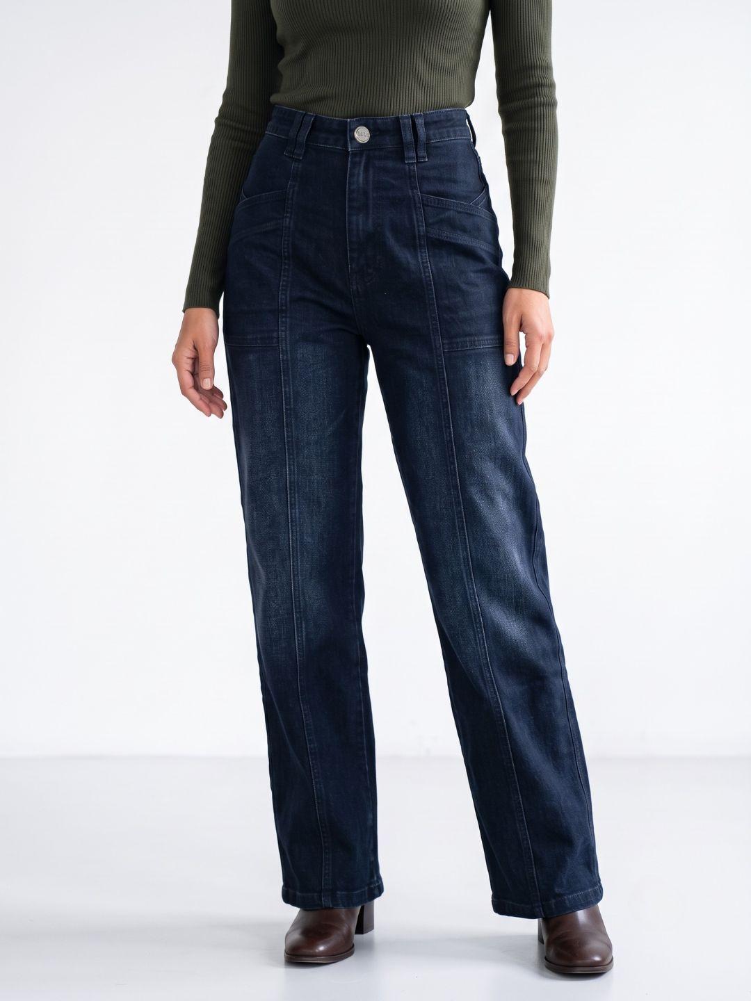 Elle Women Navy Blue Solid Straight Fit Jeans