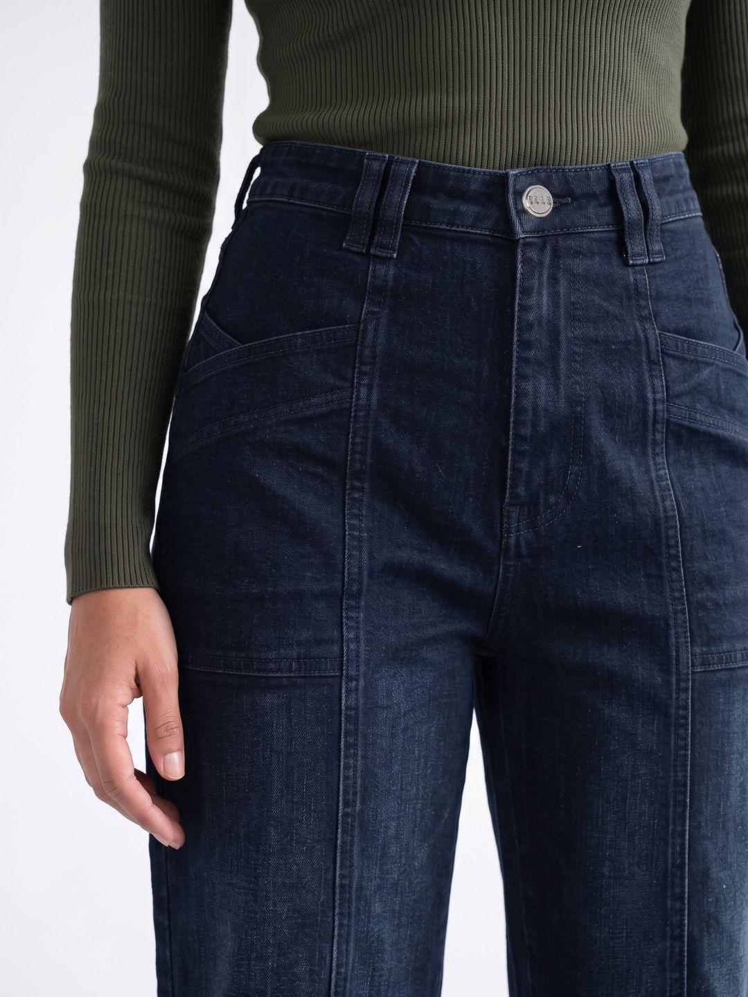 Elle Women Navy Blue Solid Straight Fit Jeans