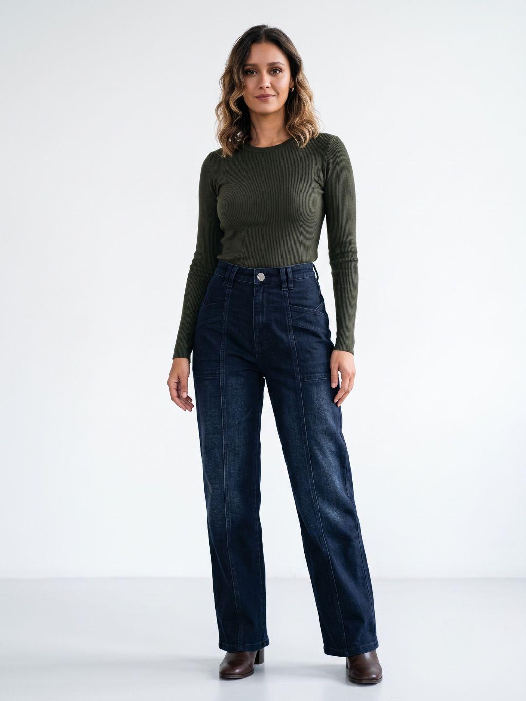 Elle Women Navy Blue Solid Straight Fit Jeans
