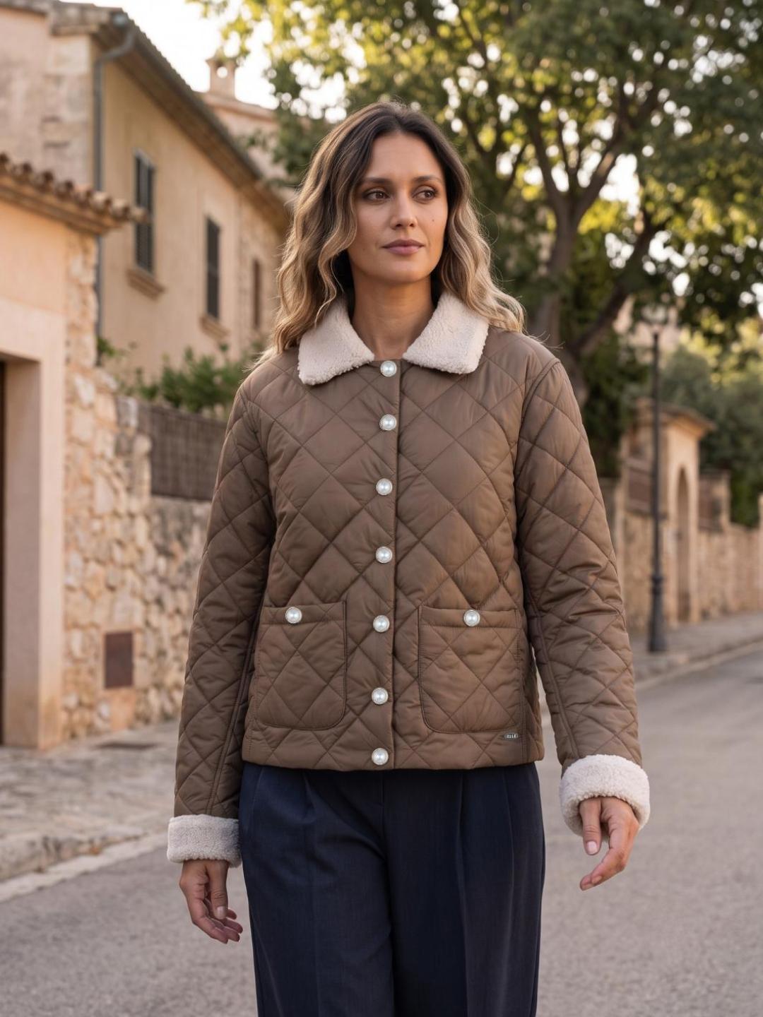 Elle Women Brown Quilted Regular Fit Jacket