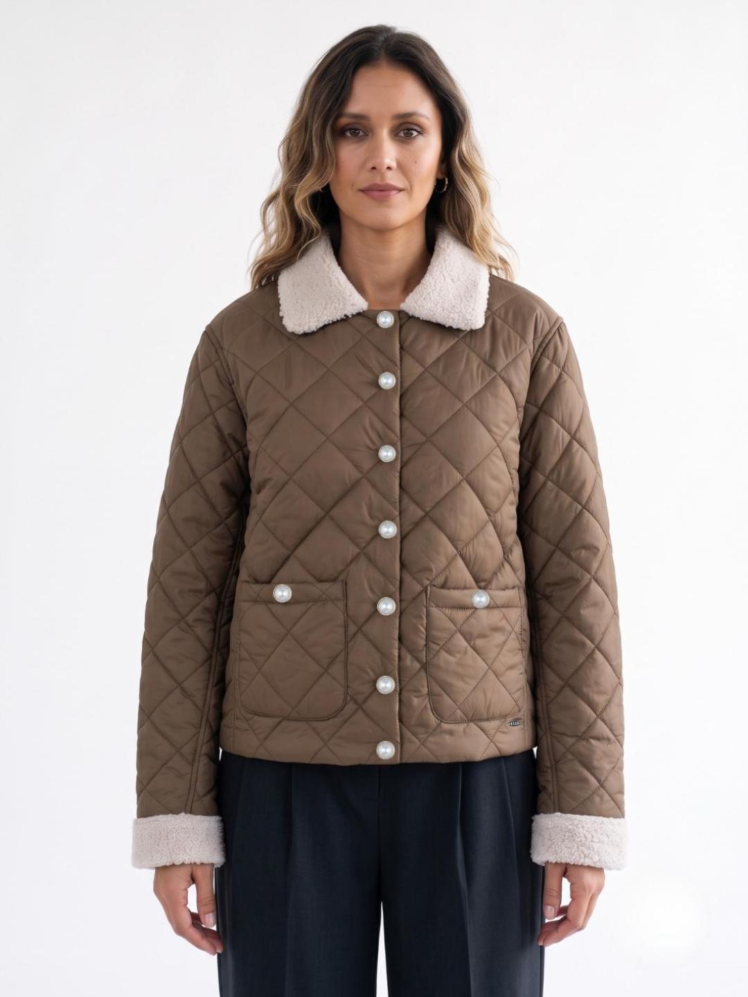 Elle Women Brown Quilted Regular Fit Jacket