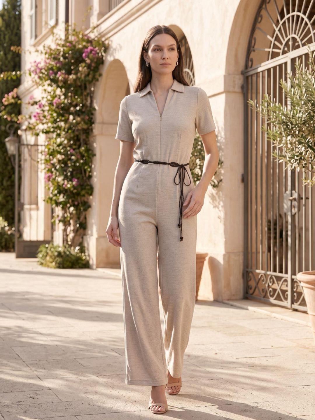 Elle Women Beige Solid Regular Fit Jumpsuit with Belt