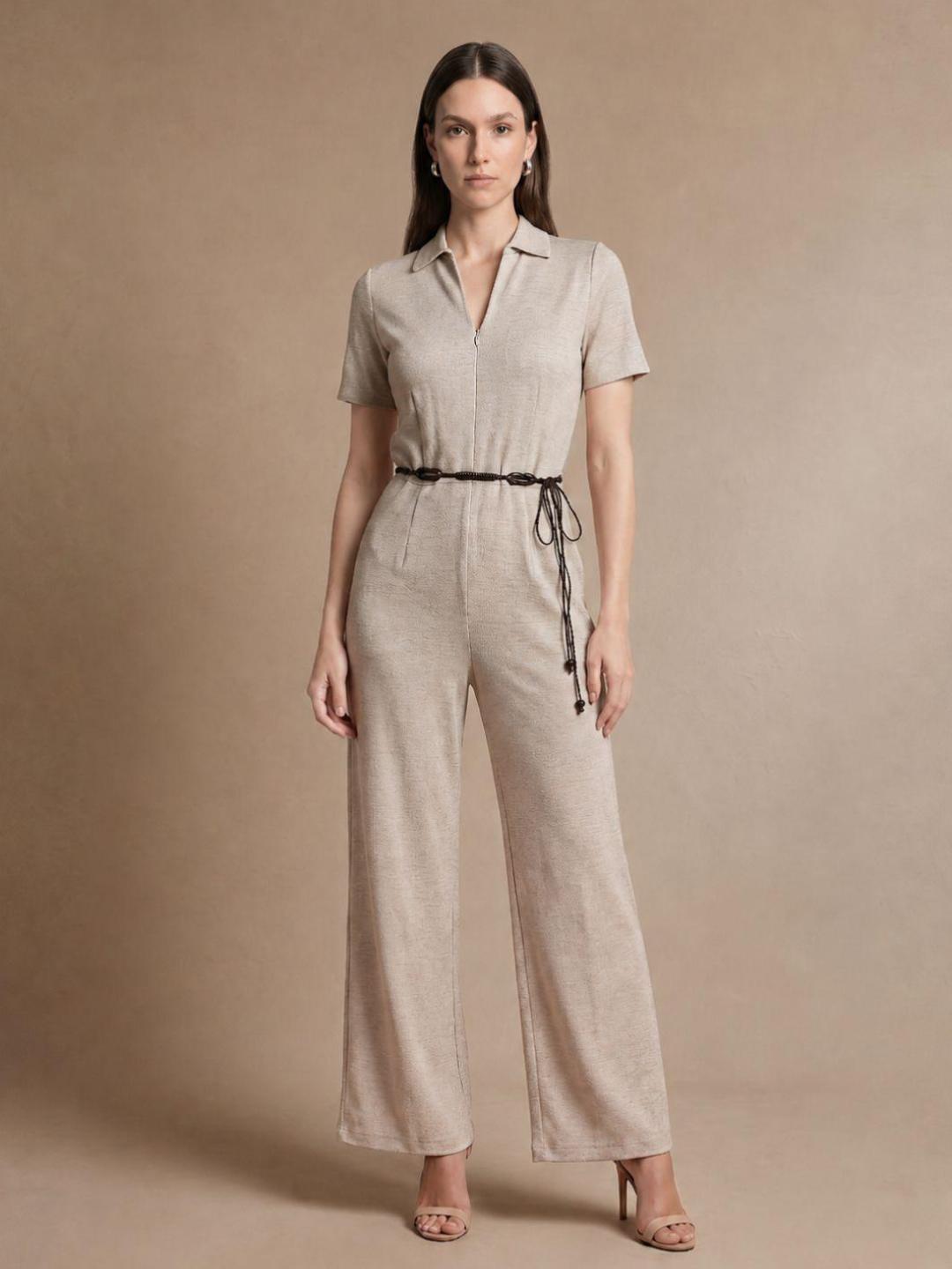 Elle Women Beige Solid Regular Fit Jumpsuit with Belt