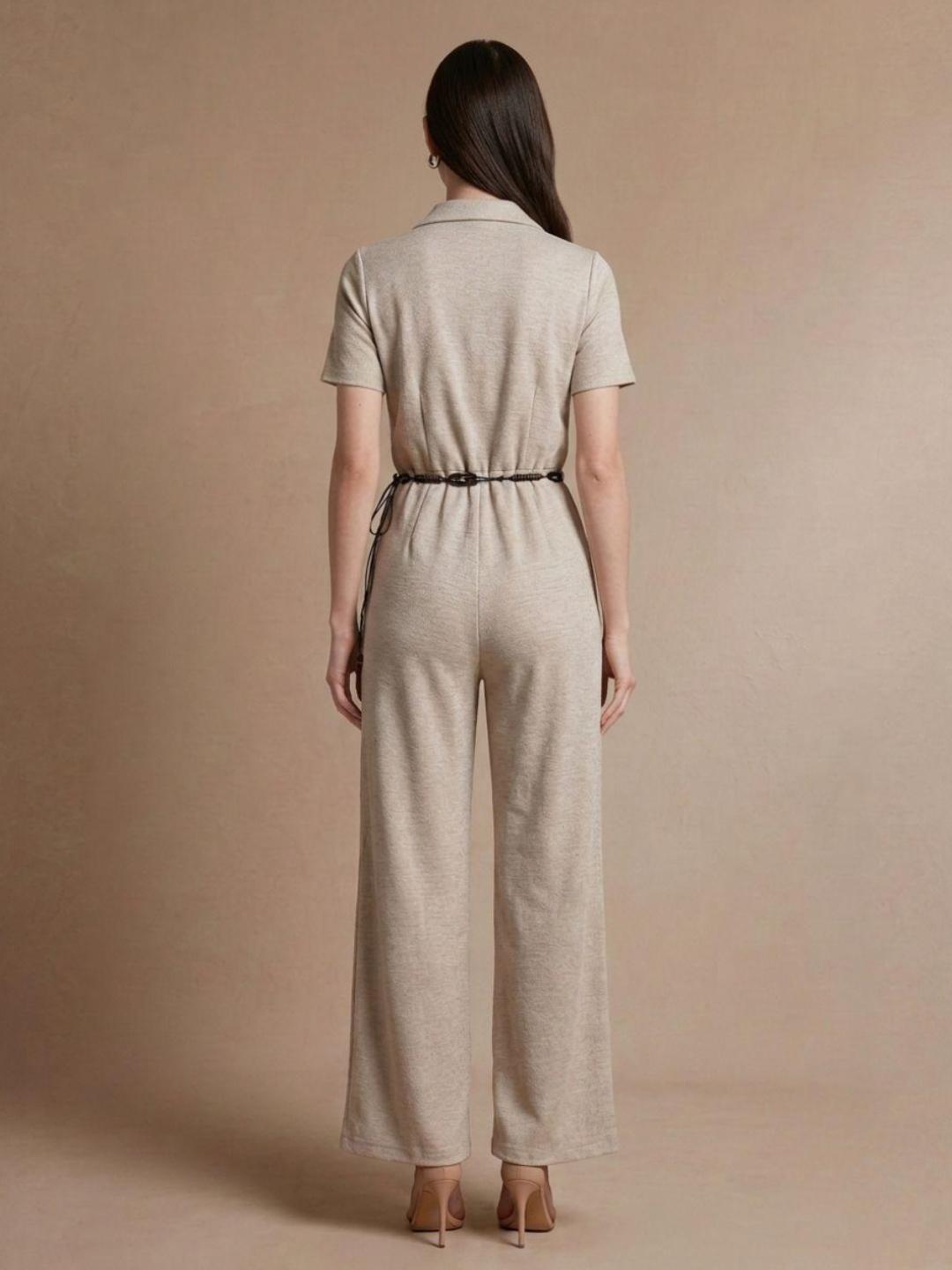 Elle Women Beige Solid Regular Fit Jumpsuit with Belt