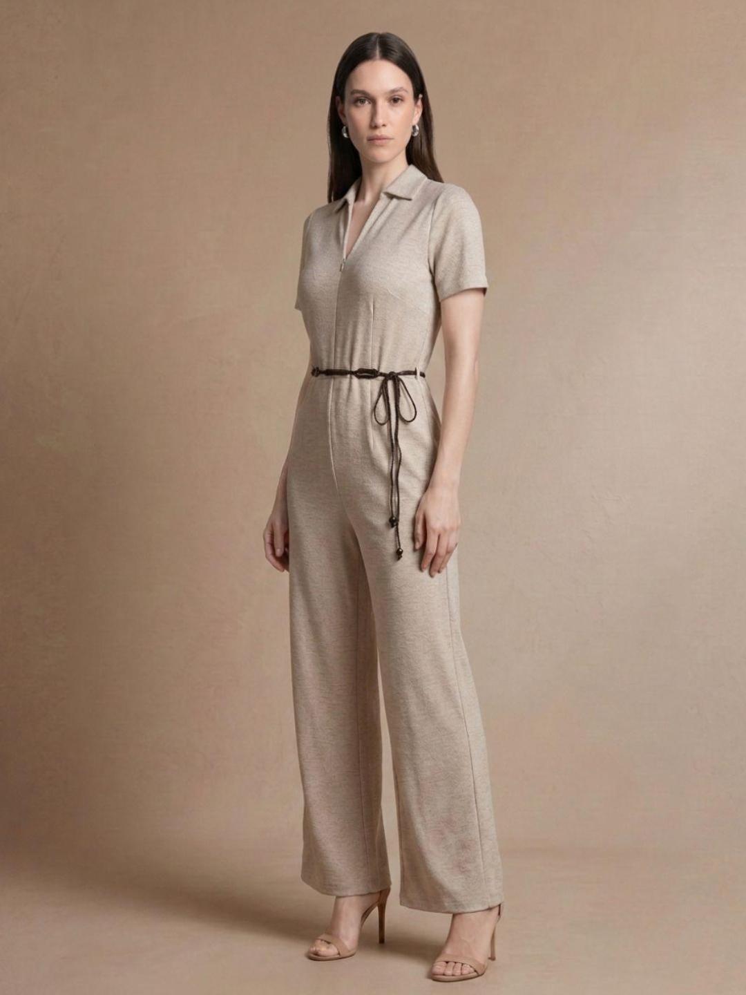 Elle Women Beige Solid Regular Fit Jumpsuit with Belt