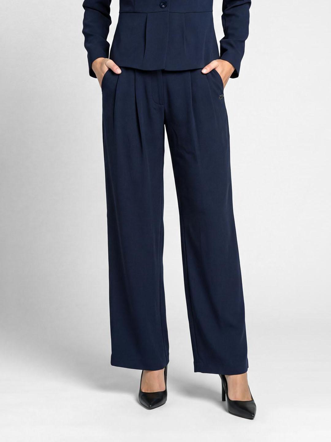Elle Women Navy Blue Solid Regular Fit Pant