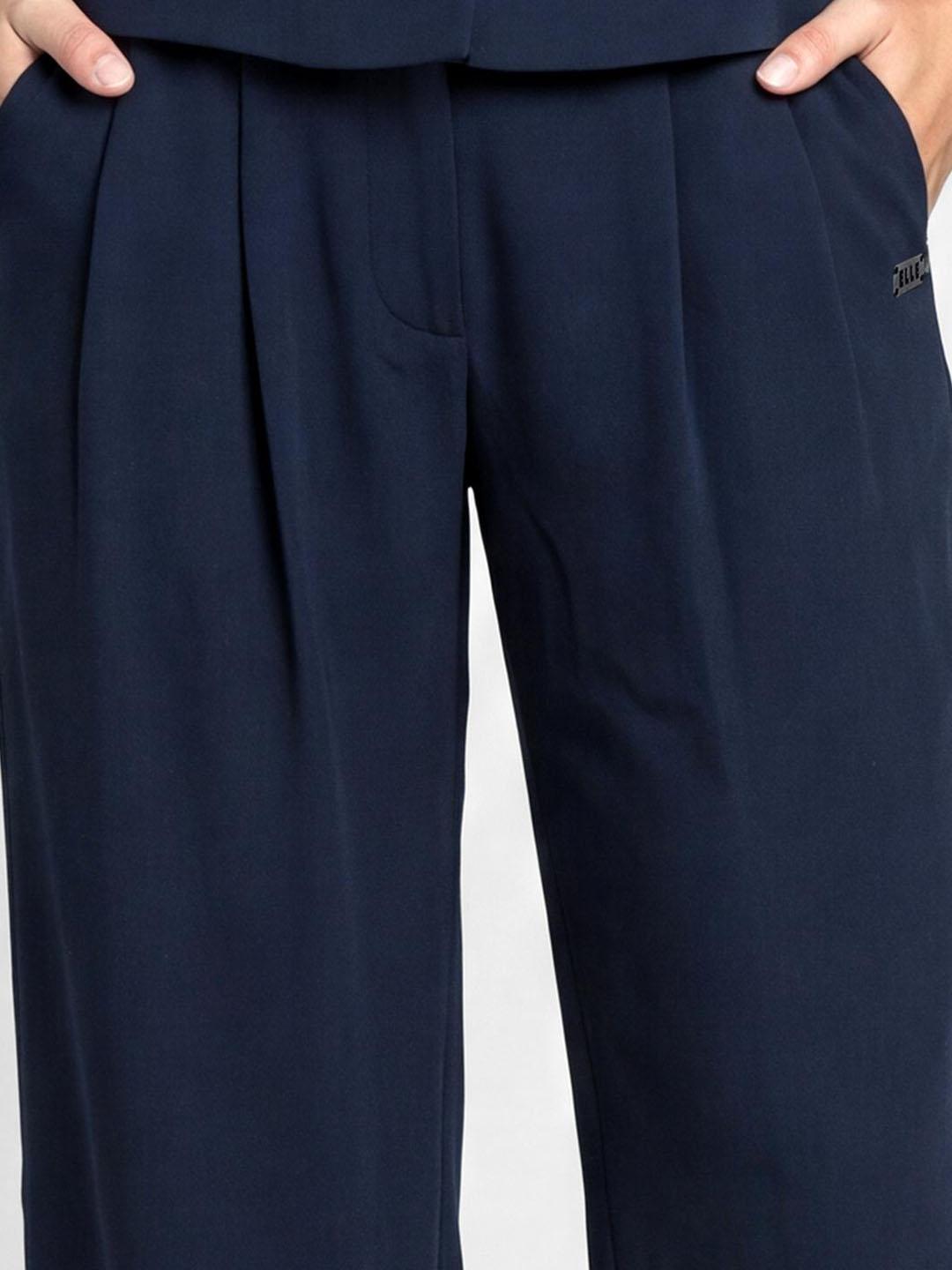 Elle Women Navy Blue Solid Regular Fit Pant