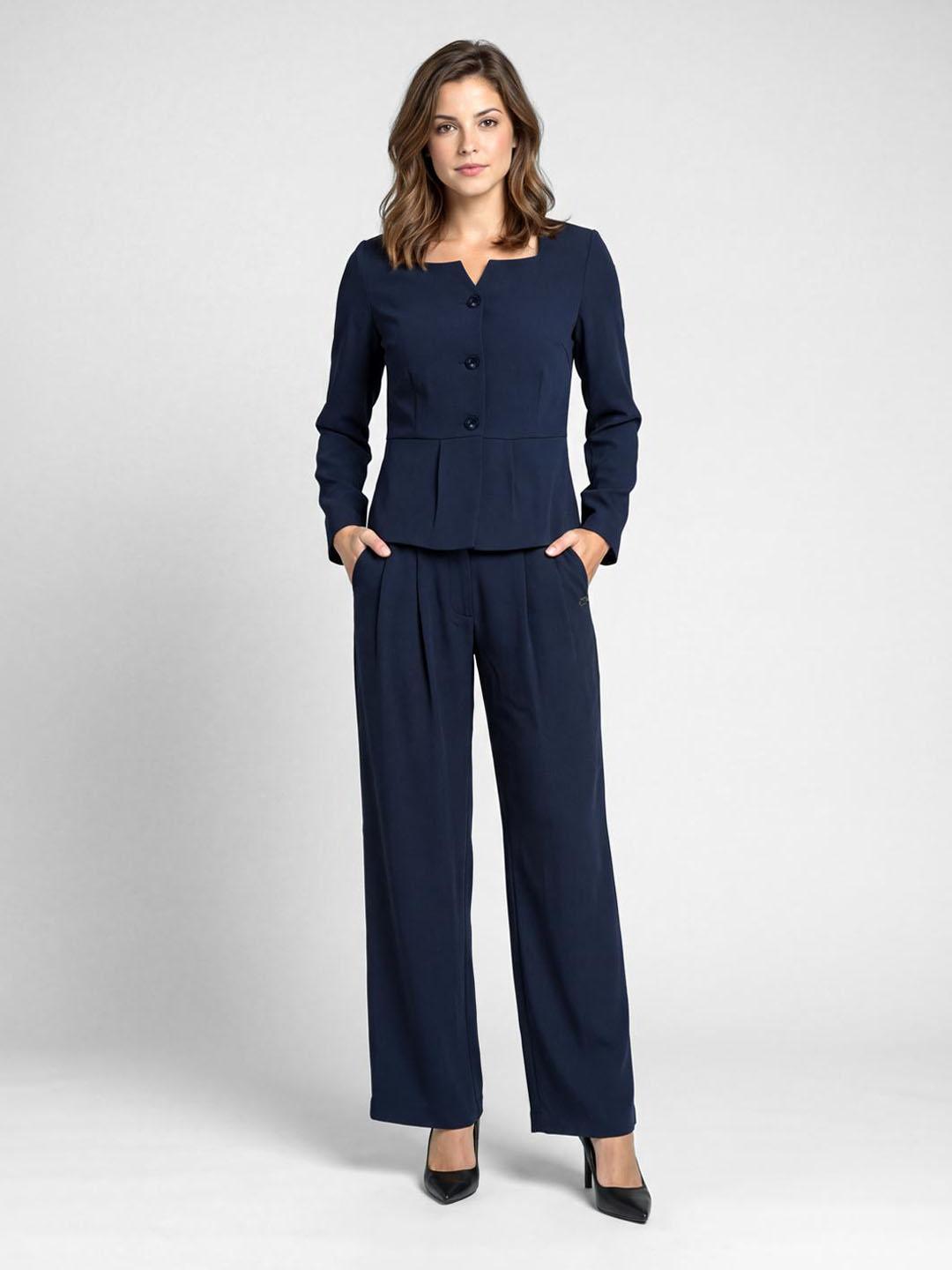 Elle Women Navy Blue Solid Regular Fit Pant