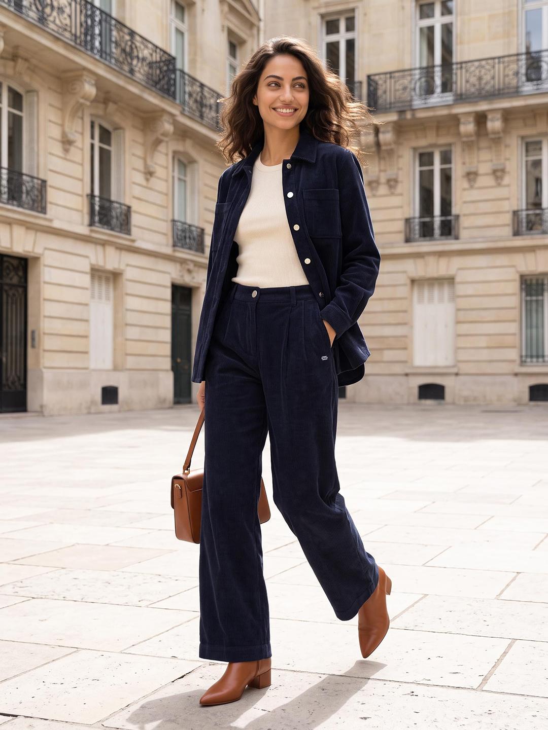 Elle Women Blue Regular Fit Solid Pure Cotton Trouser