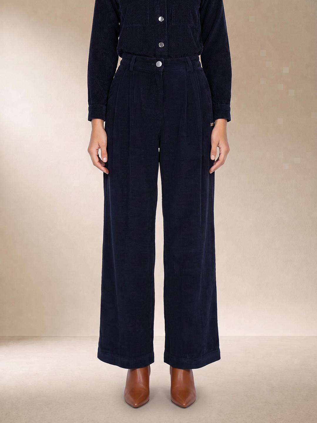 Elle Women Blue Regular Fit Solid Pure Cotton Trouser