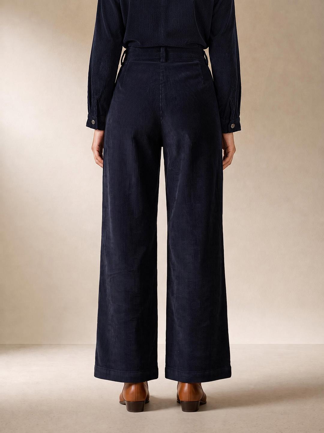 Elle Women Blue Regular Fit Solid Pure Cotton Trouser