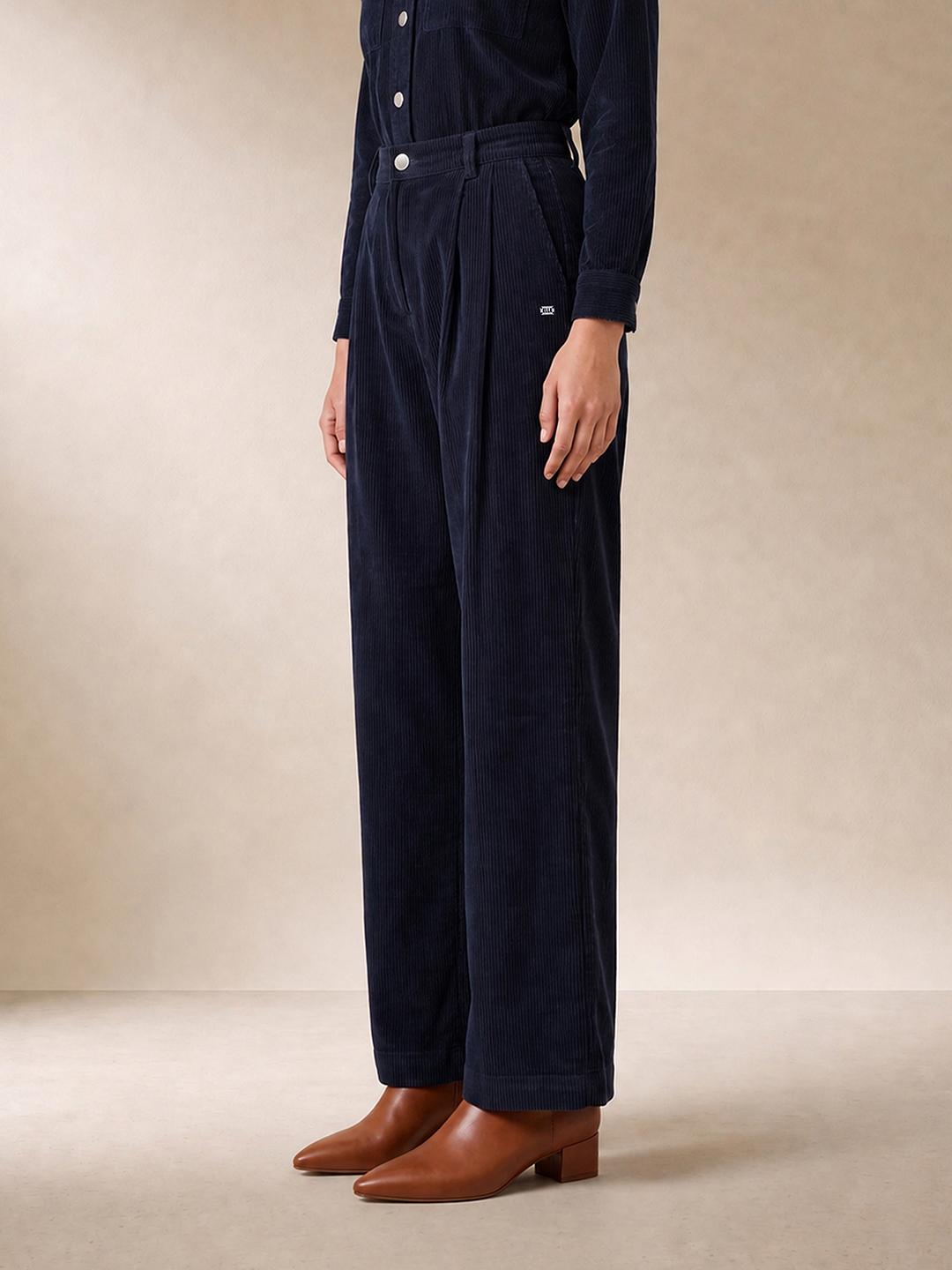 Elle Women Blue Regular Fit Solid Pure Cotton Trouser