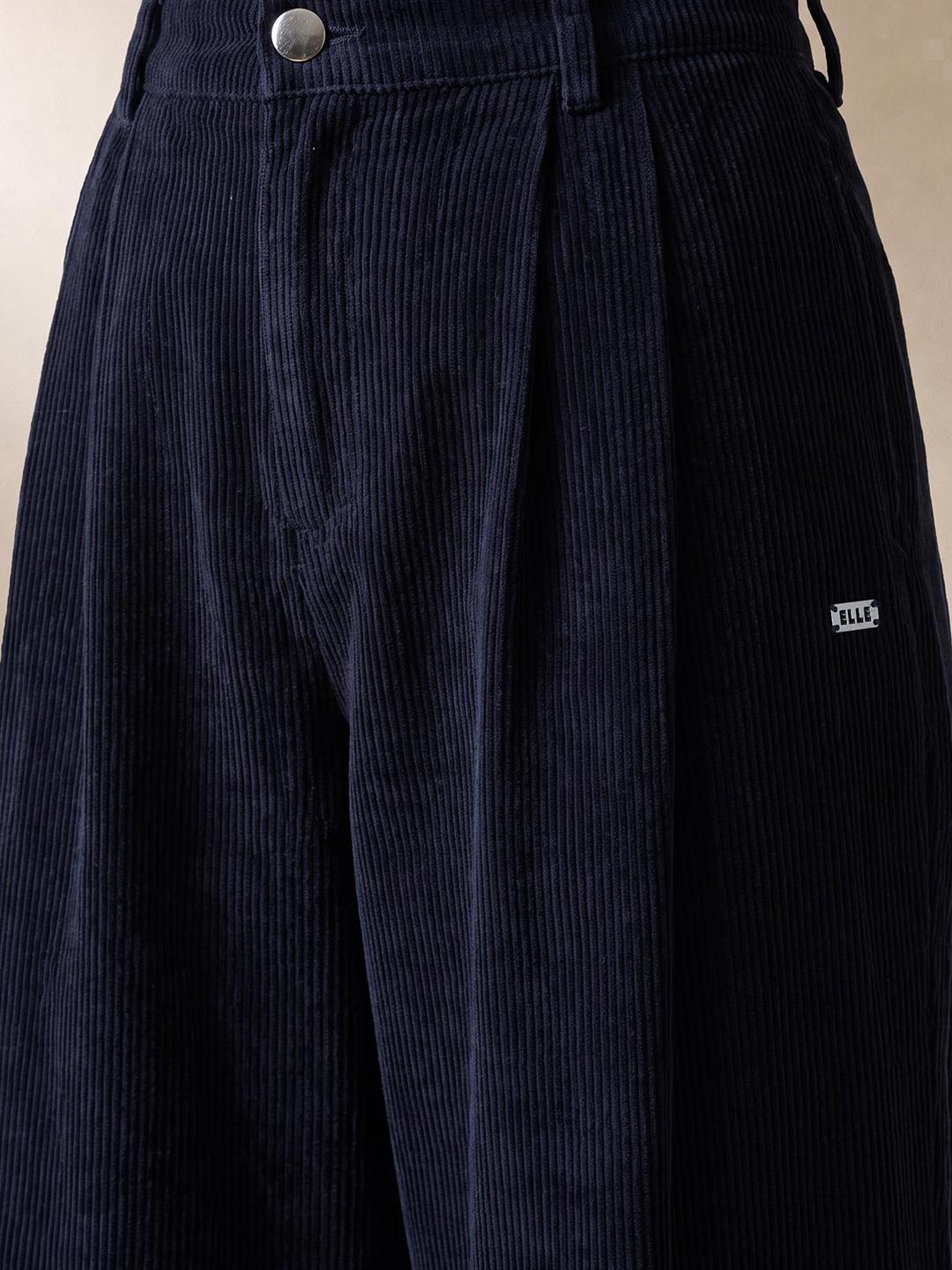 Elle Women Blue Regular Fit Solid Pure Cotton Trouser