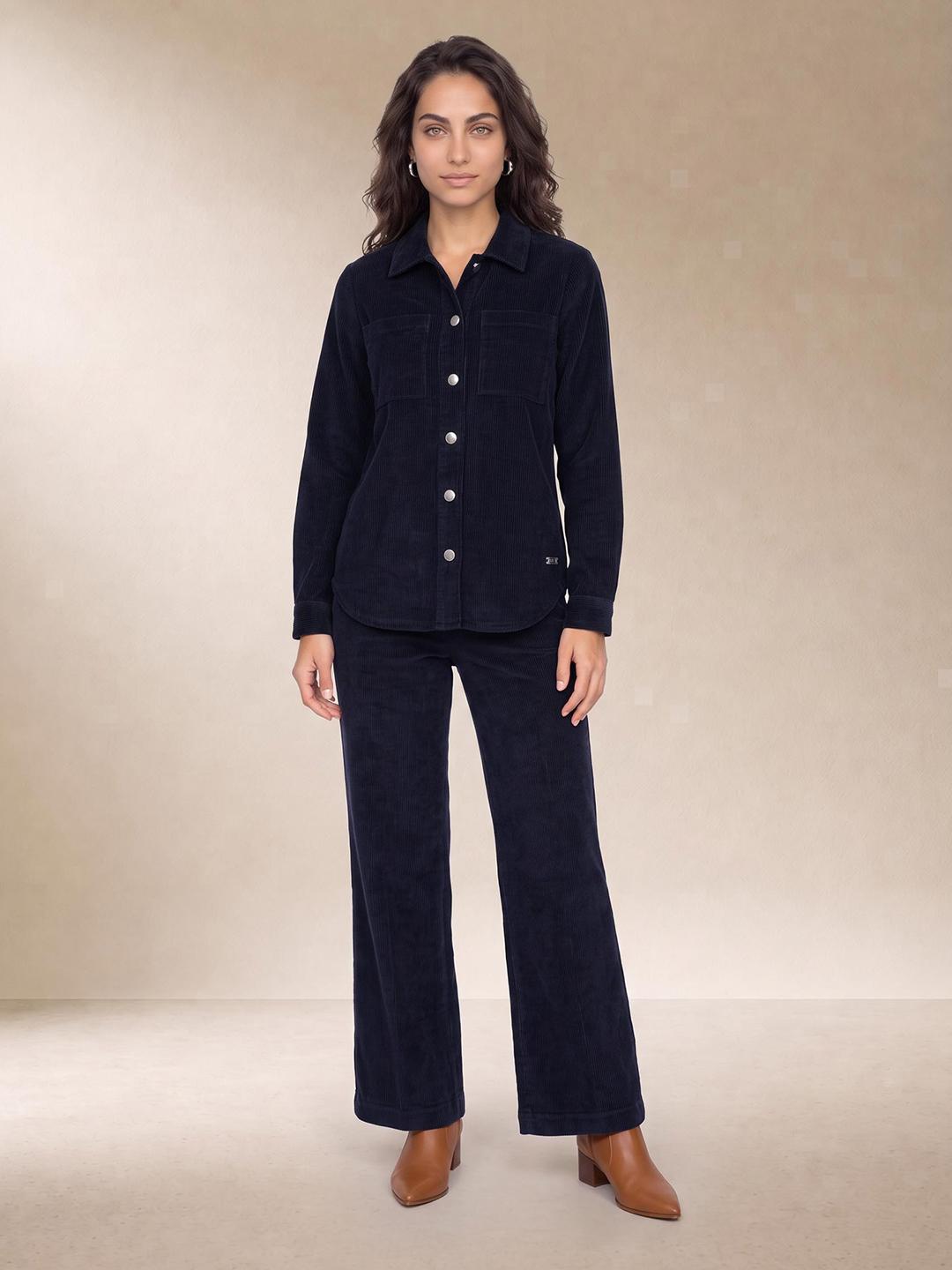 Elle Women Blue Regular Fit Solid Pure Cotton Trouser