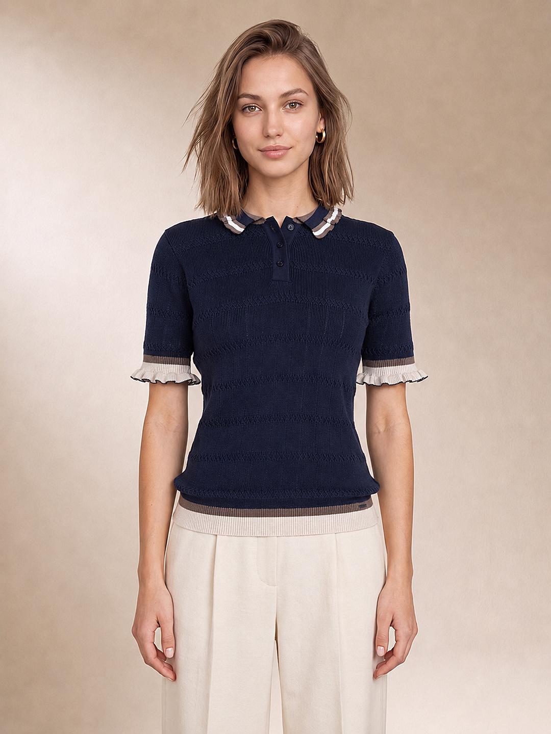 Elle Women Navy Blue Regular Fit Solid Cotton Polo T-Shirt
