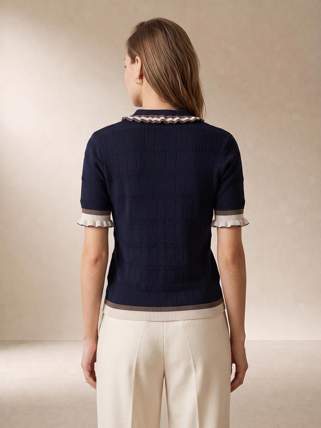 Elle Women Navy Blue Regular Fit Solid Cotton Polo T-Shirt