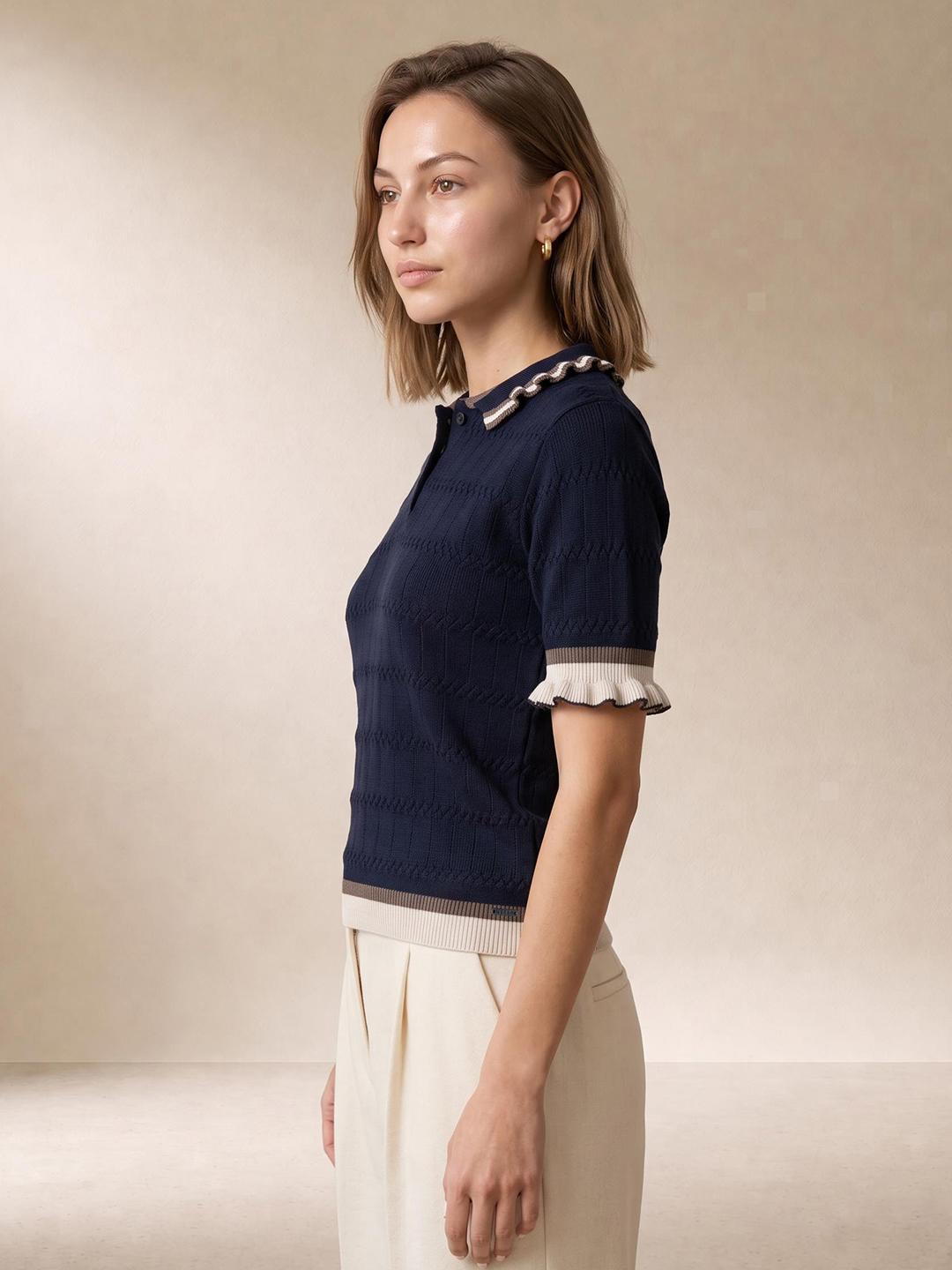 Elle Women Navy Blue Regular Fit Solid Cotton Polo T-Shirt