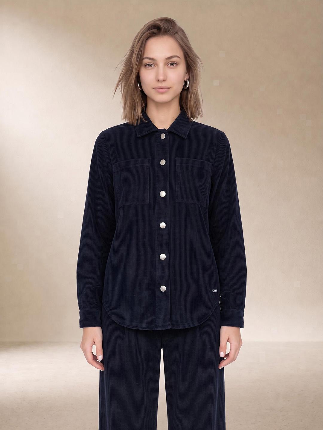 Elle Women Blue Regular Fit Solid Pure Cotton Shirt