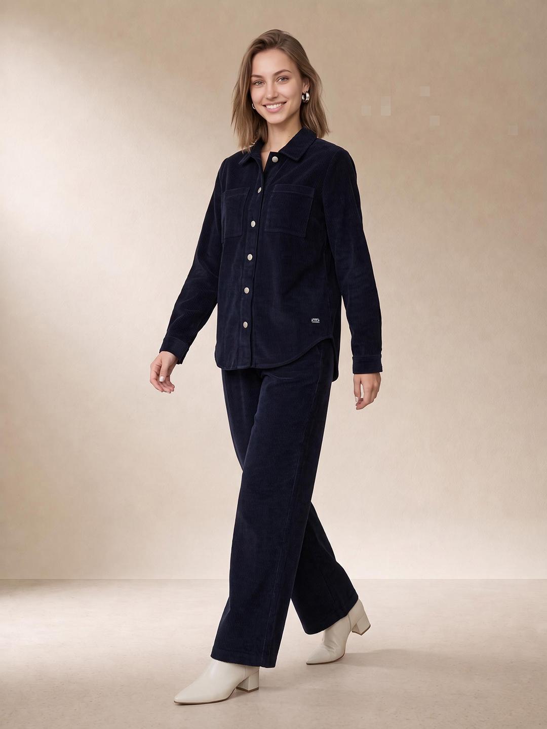 Elle Women Blue Regular Fit Solid Pure Cotton Shirt