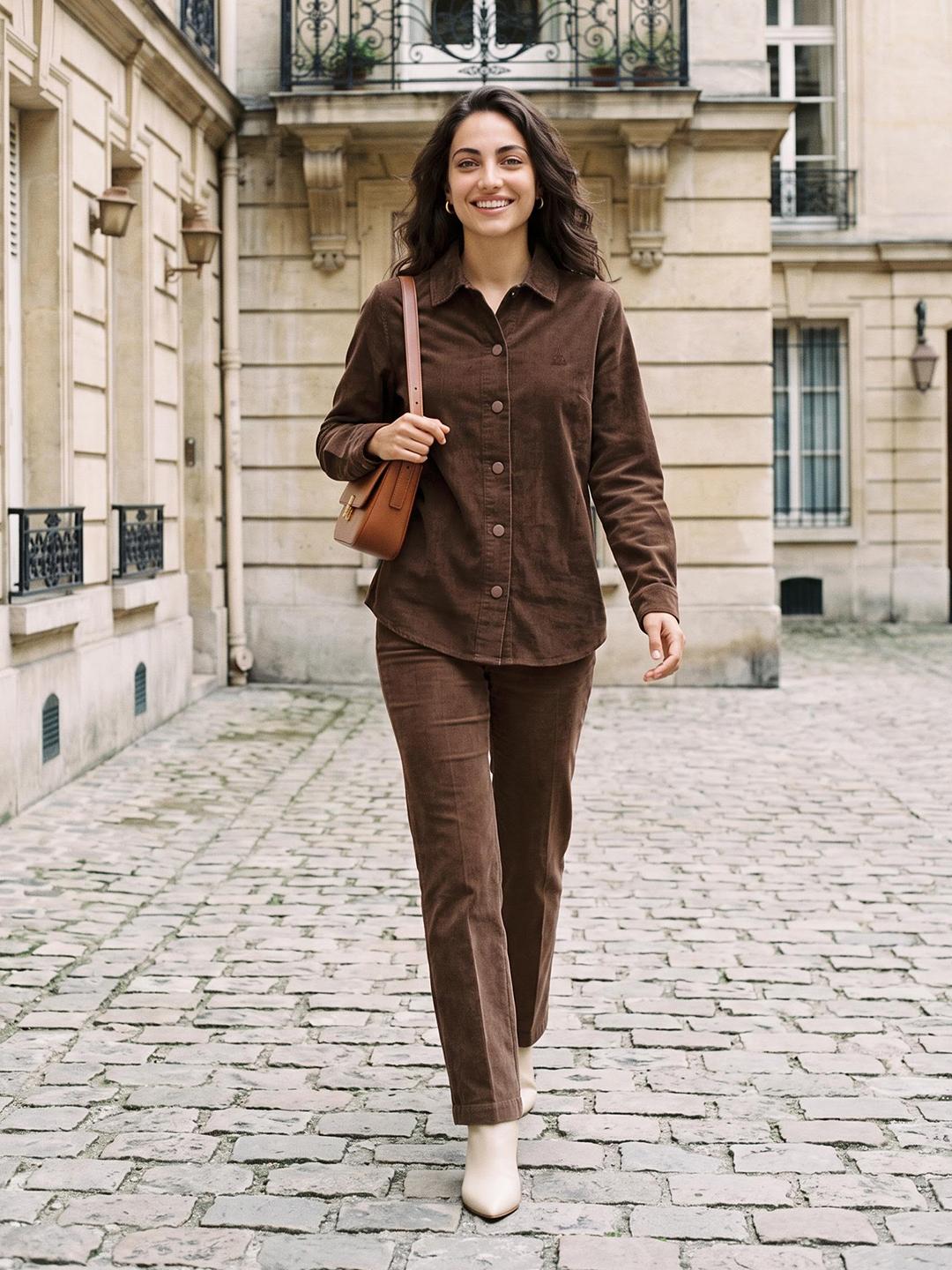 Elle Women Brown Regular Fit Solid Corduroy Shirt