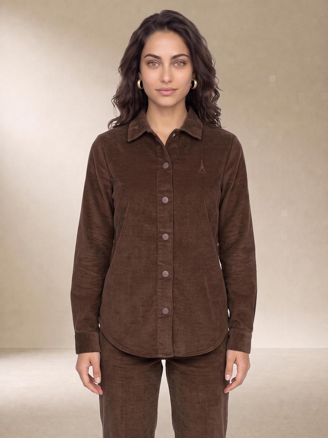 Elle Women Brown Regular Fit Solid Corduroy Shirt