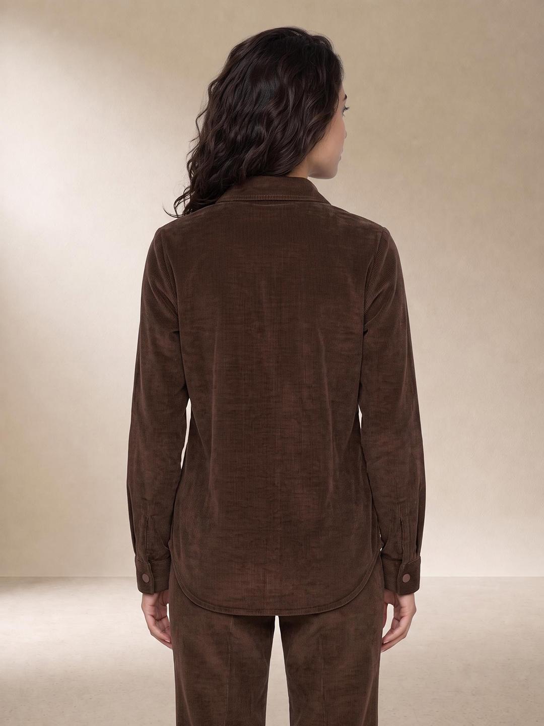 Elle Women Brown Regular Fit Solid Corduroy Shirt