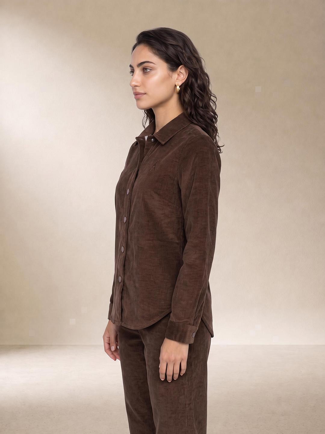 Elle Women Brown Regular Fit Solid Corduroy Shirt