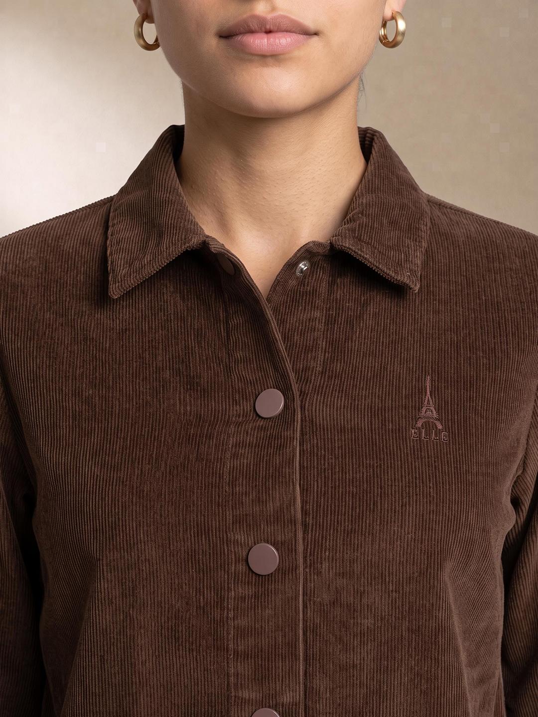 Elle Women Brown Regular Fit Solid Corduroy Shirt