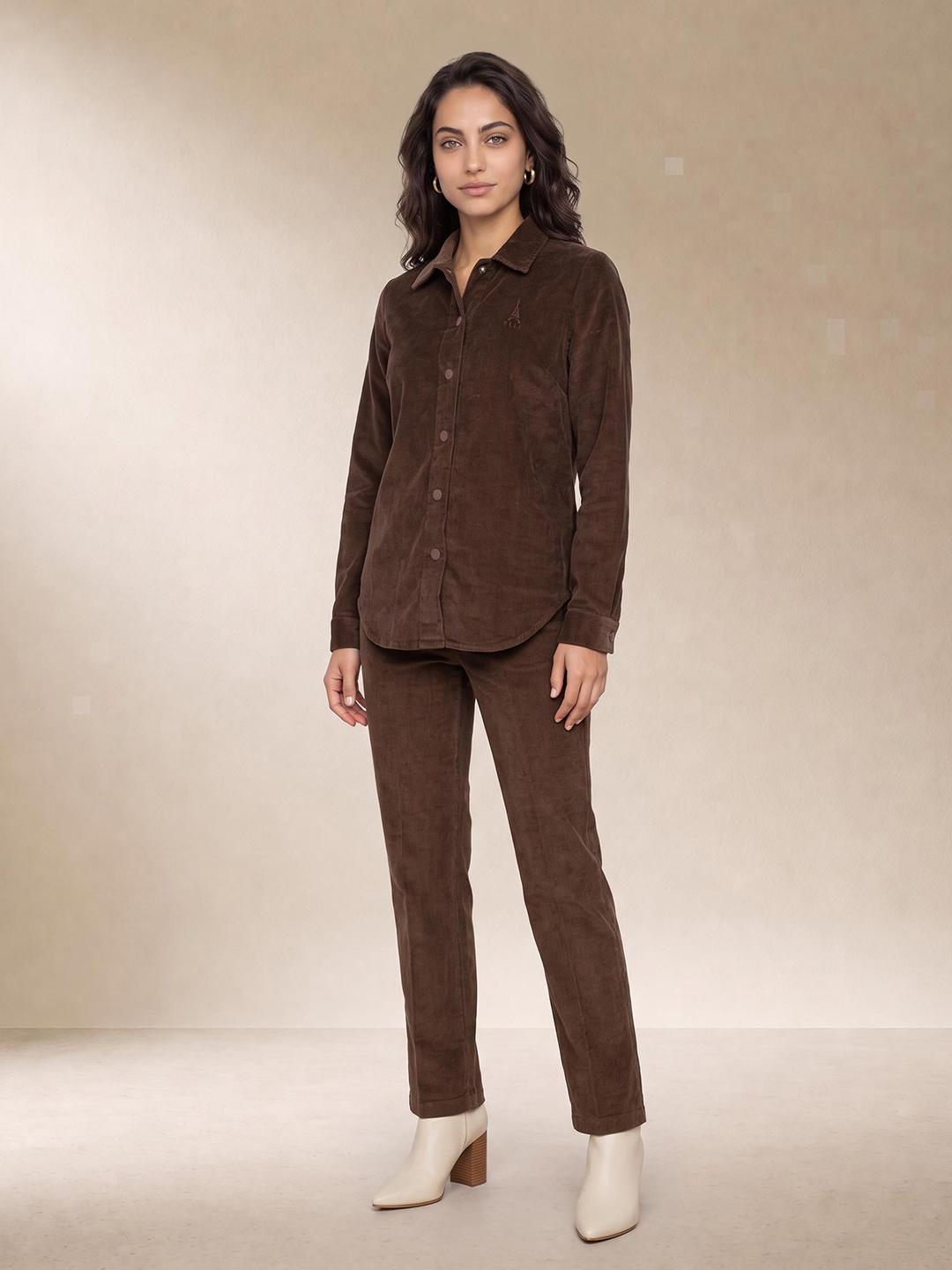 Elle Women Brown Regular Fit Solid Corduroy Shirt