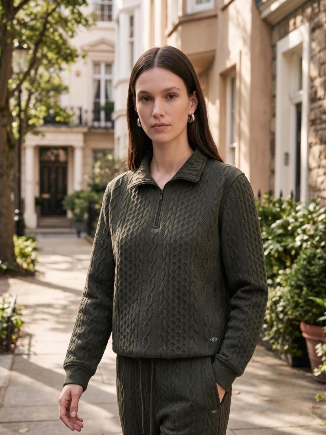 Elle Women Green Textured Relaxed Fit Stretchable Sweatshirt