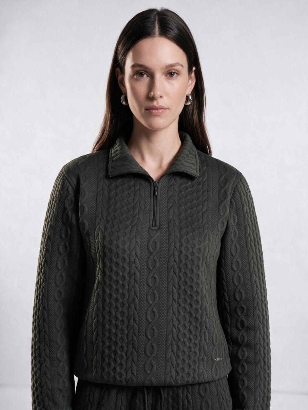 Elle Women Green Textured Relaxed Fit Stretchable Sweatshirt