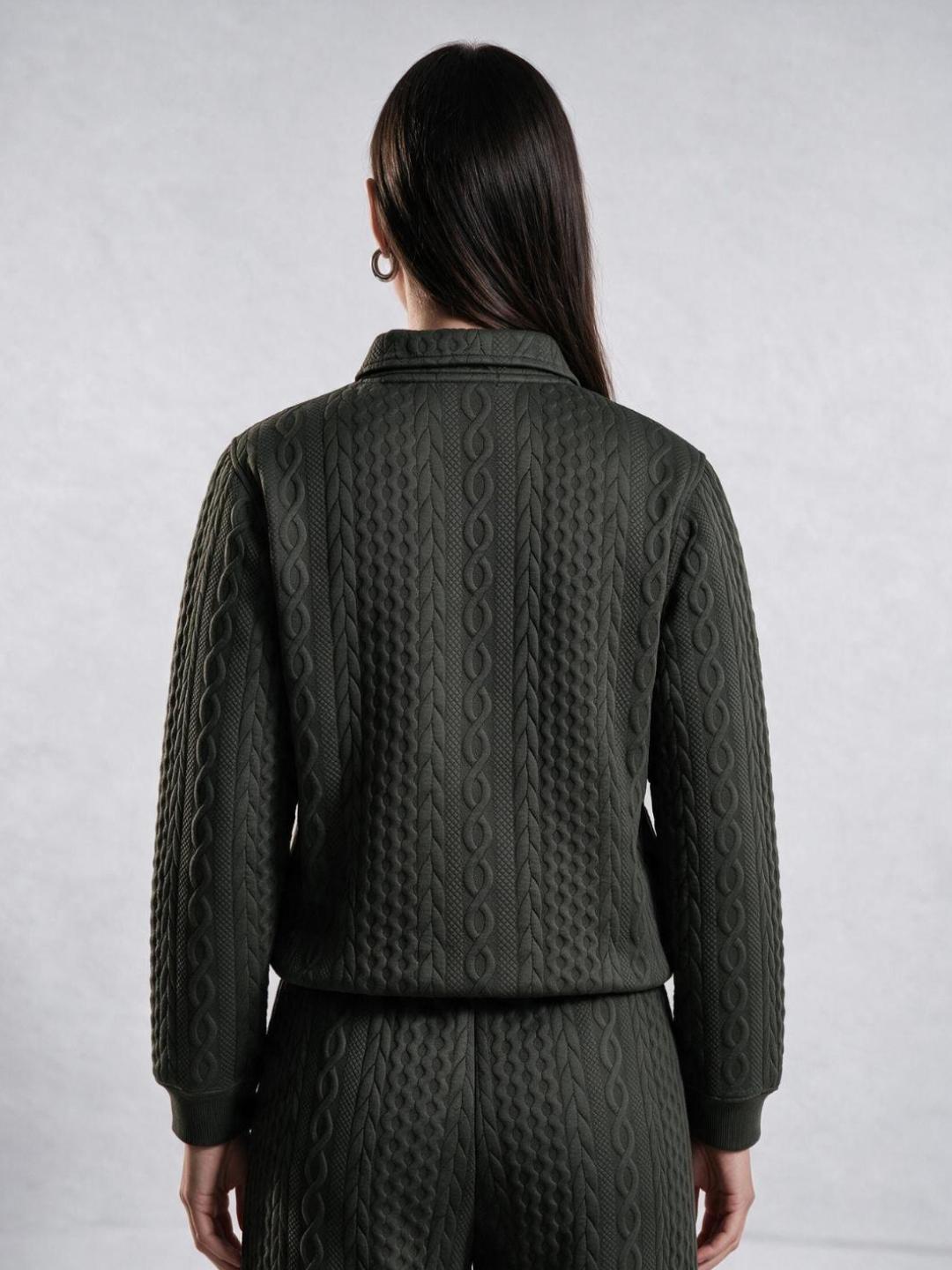 Elle Women Green Textured Relaxed Fit Stretchable Sweatshirt