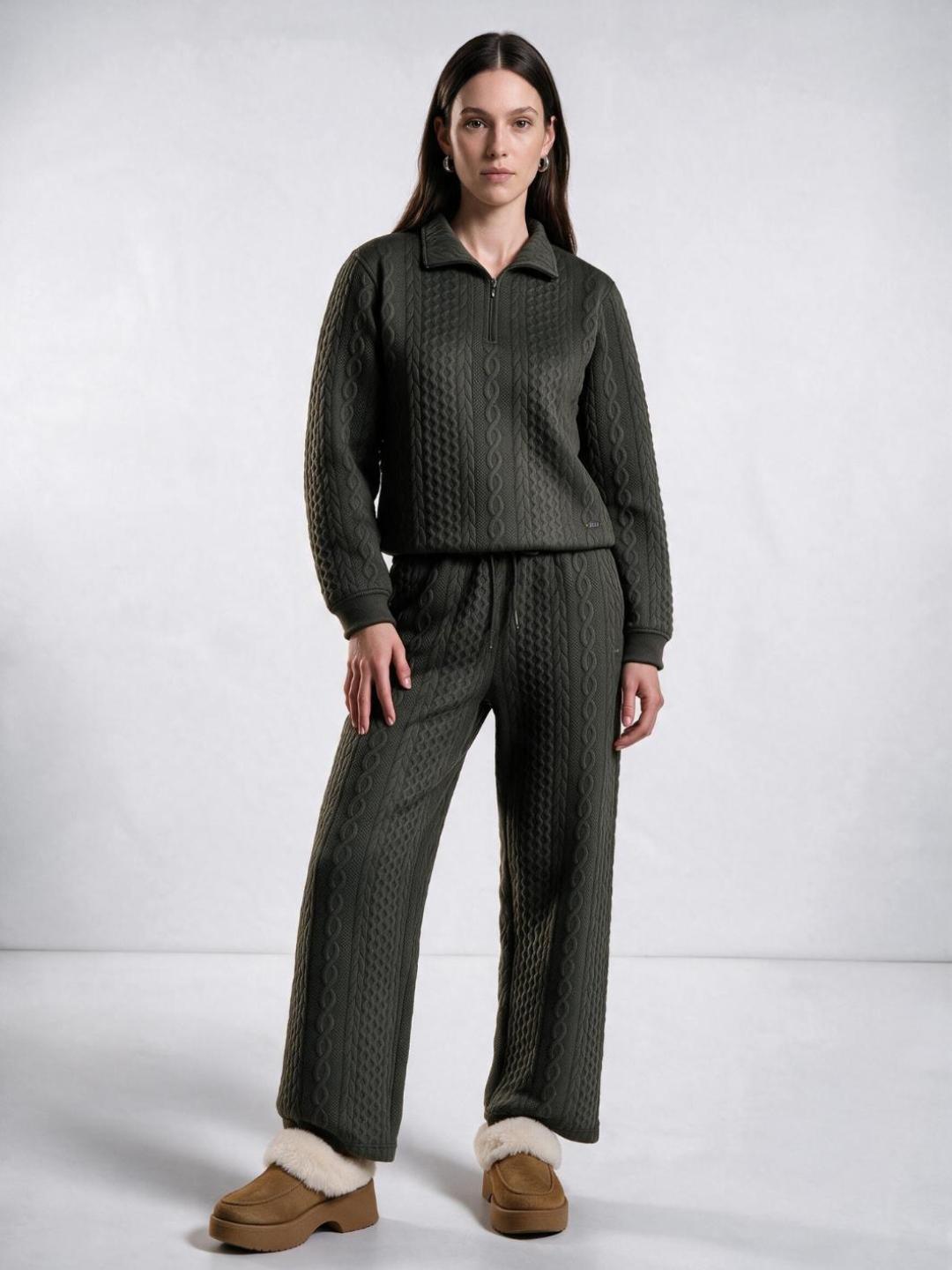Elle Women Green Textured Relaxed Fit Stretchable Sweatshirt