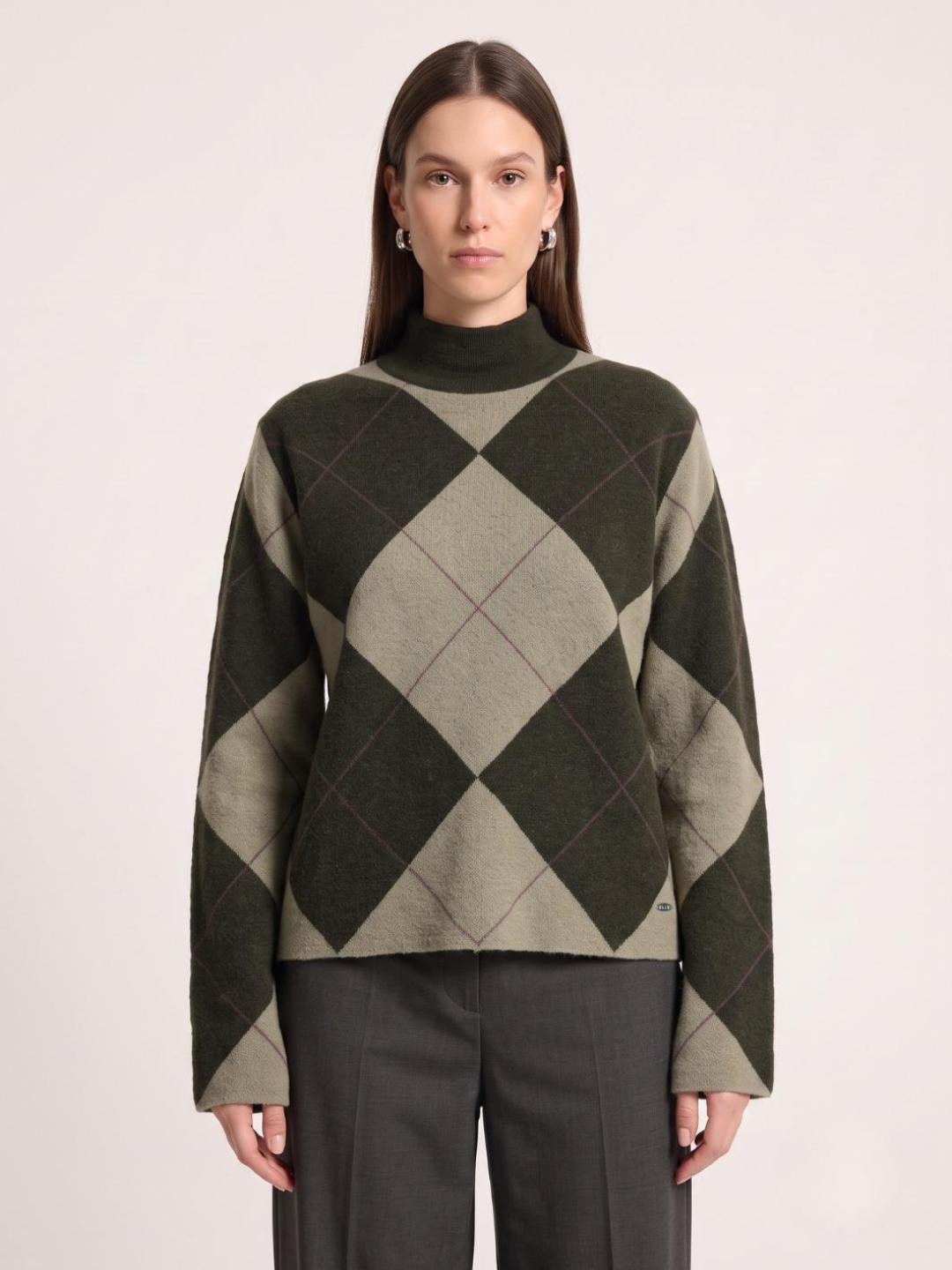 Elle Women Green Checked Relaxed Fit Sweater