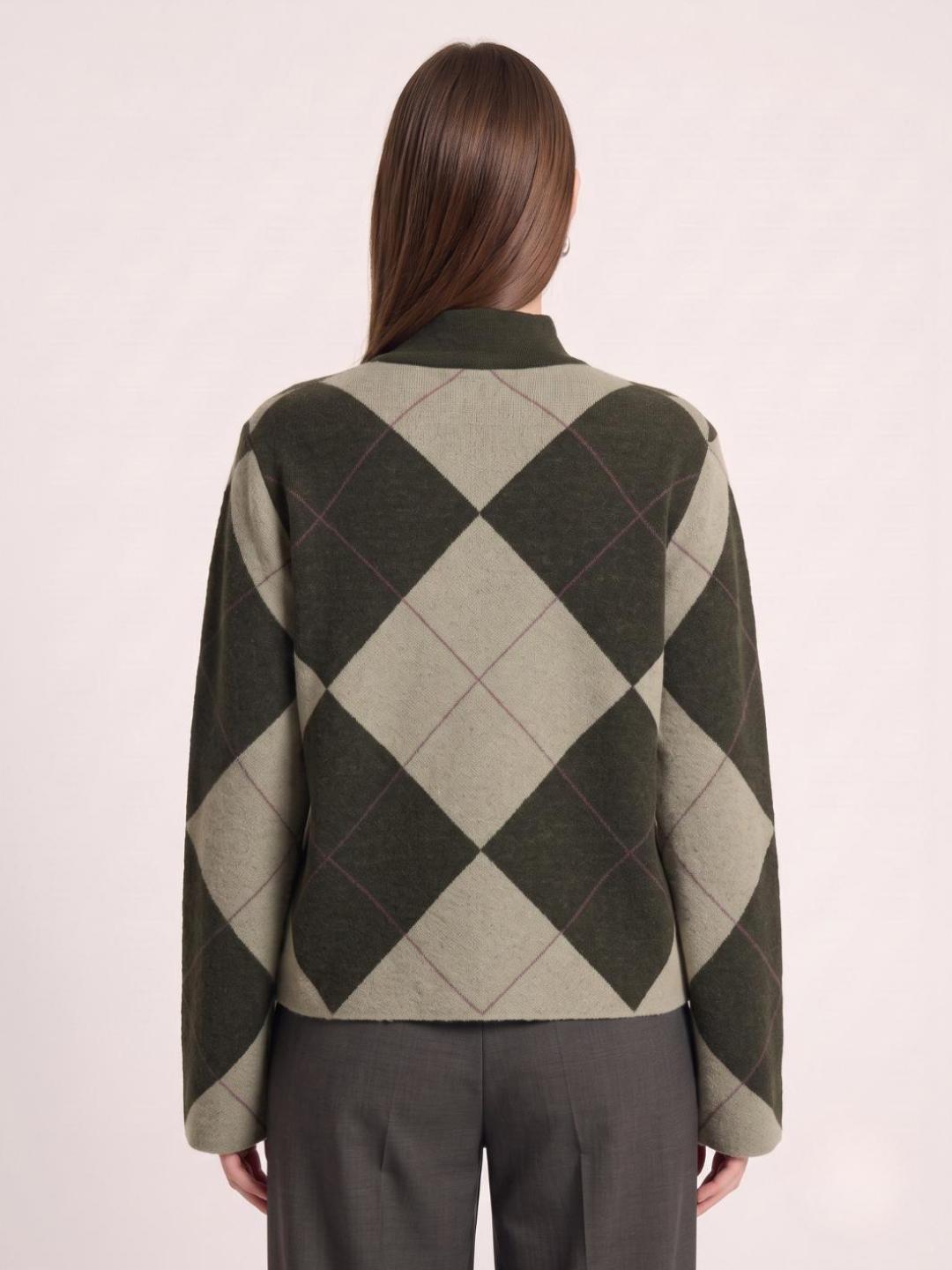 Elle Women Green Checked Relaxed Fit Sweater