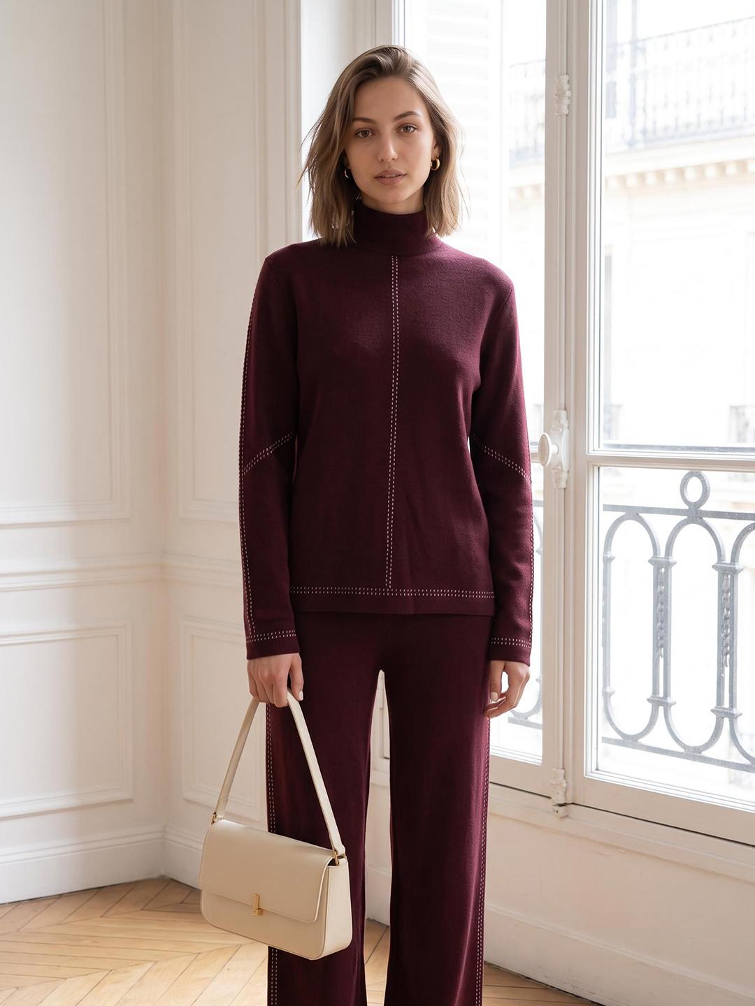 Elle Women Wine Relaxed Fit Solid Sweater
