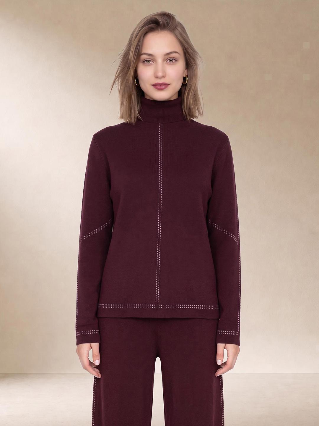 Elle Women Wine Relaxed Fit Solid Sweater