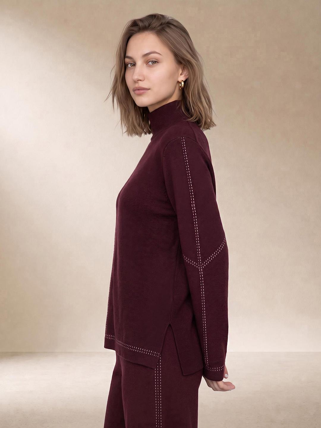 Elle Women Wine Relaxed Fit Solid Sweater
