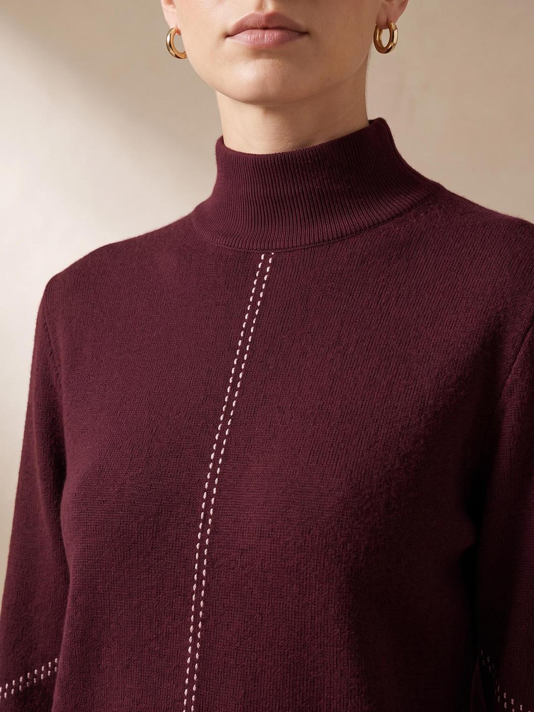 Elle Women Wine Relaxed Fit Solid Sweater