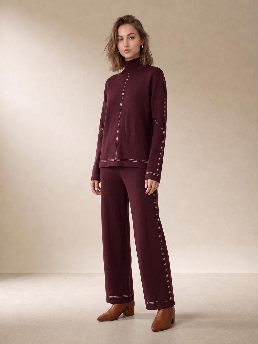Elle Women Wine Relaxed Fit Solid Sweater