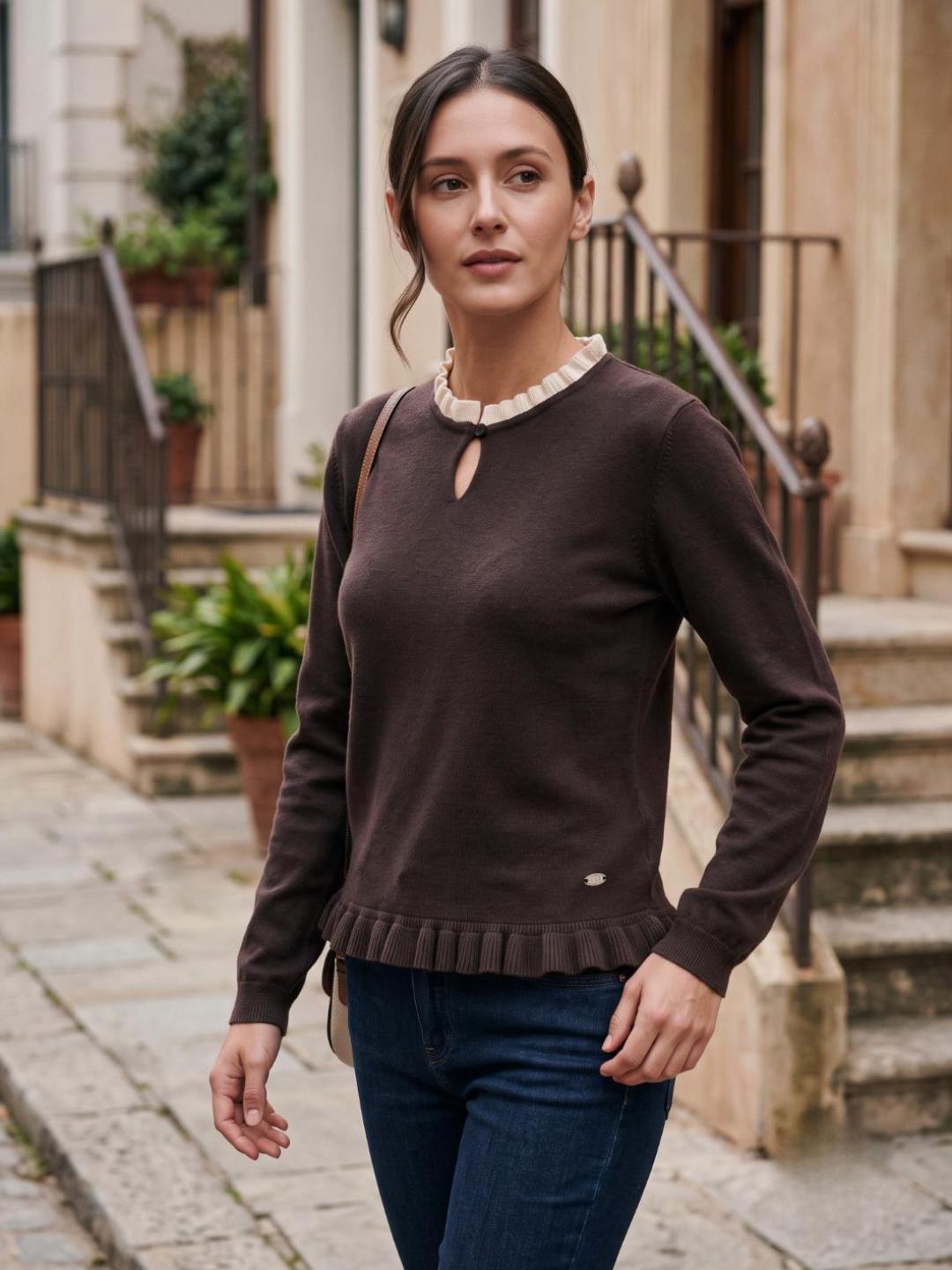 Elle Women Brown Solid Regular Fit Sweater